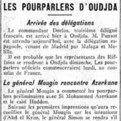 Journal des débats 1926 04 18 Le général Mougin rencontre Azerkane dans le cadre des pourparlers d'Oujda