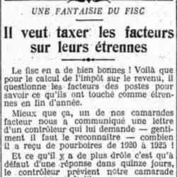 L'Humanité 1926 04 18 Fantaisie du fisc Le fisc veut taxer les facteurs sur leurs étrennes