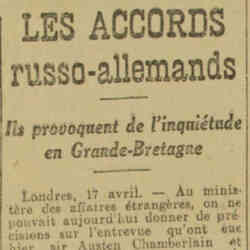 v La Dépêche 1926 04 18 Les accords russo-allemands provoquent de l'inquiétude en Grande-Bretagne