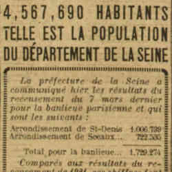 Excelsior 1926 04 25 La préfecture de la Seine a communiqué hier les résultats du recensement du 7 mars 1926