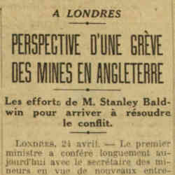 Excelsior 1926 04 25 Perspectives d'une grève des mines en Angleterre