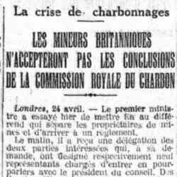 L'Humanité 1926 04 25 La crise des charbonnages les mineurs britanniques naccepteront pas les conclusions de la commission royale des charbons