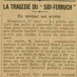 Excelsior 1926 05 02 LA TRAGÉDIE DU SIDI-FERRUCH Un soutier est arrêté