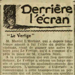 L'Oeuvre 1926 05 02 Derrière l'écran, nouvelles du milieu cinématographique