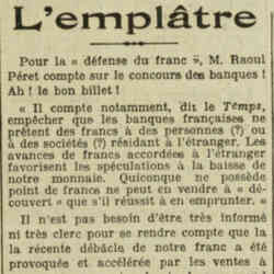 L'Oeuvre 1926 05 16  Pour la « défense du franc », M. Raoul Péret compte sur le concours des banques