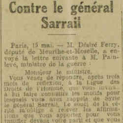 La Dépêche 1926 05 16  M. Désiré Ferry, député de Meurthe-et-Moselle, contre le général Sarrail