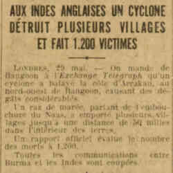 Excelsior 1926 05 30 Un cyclone a balayé la côte d'Arrakan, au nord-ouest de Rangoon