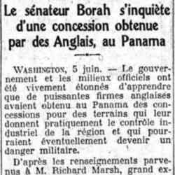 Le Matin 1926 06 06 Le sénateur Borah s'inquiète d'une concession obtenue par des Anglais au Panama