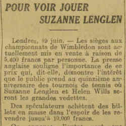 La Dépêche 1926 06 20 Suzanne Lenglen à Wimbledon