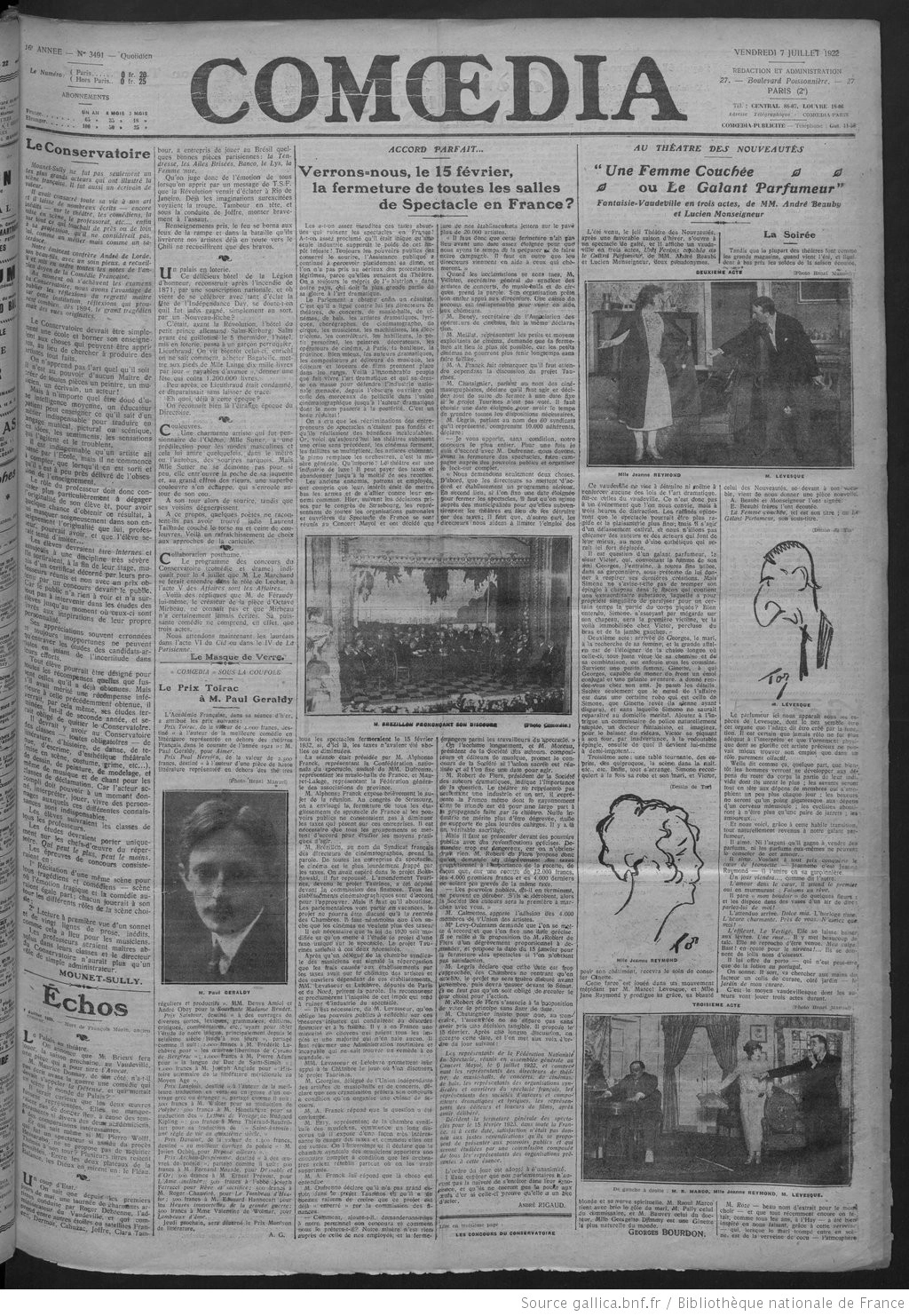 Comoedia édition du 07 juillet 1922 la une les théâtres vont ils fermer 1 05