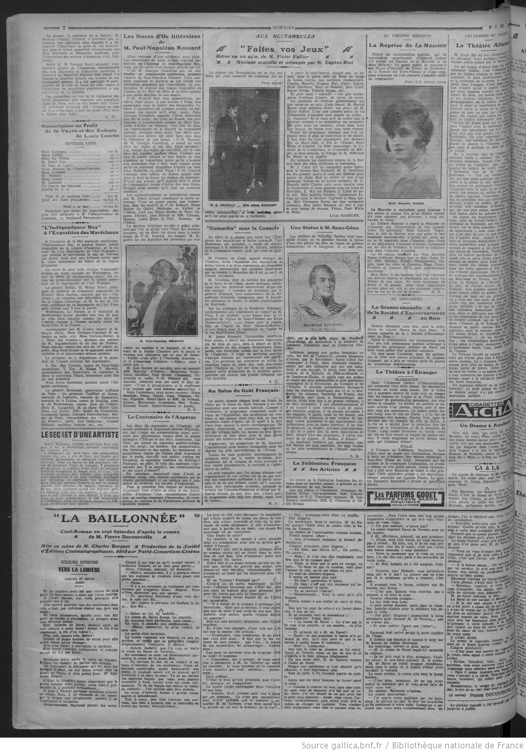 Comoedia édition du 08 juillet 1922 la page une statue à Monsieur Sans Gêne le Maréchal Lefebvre P2 05