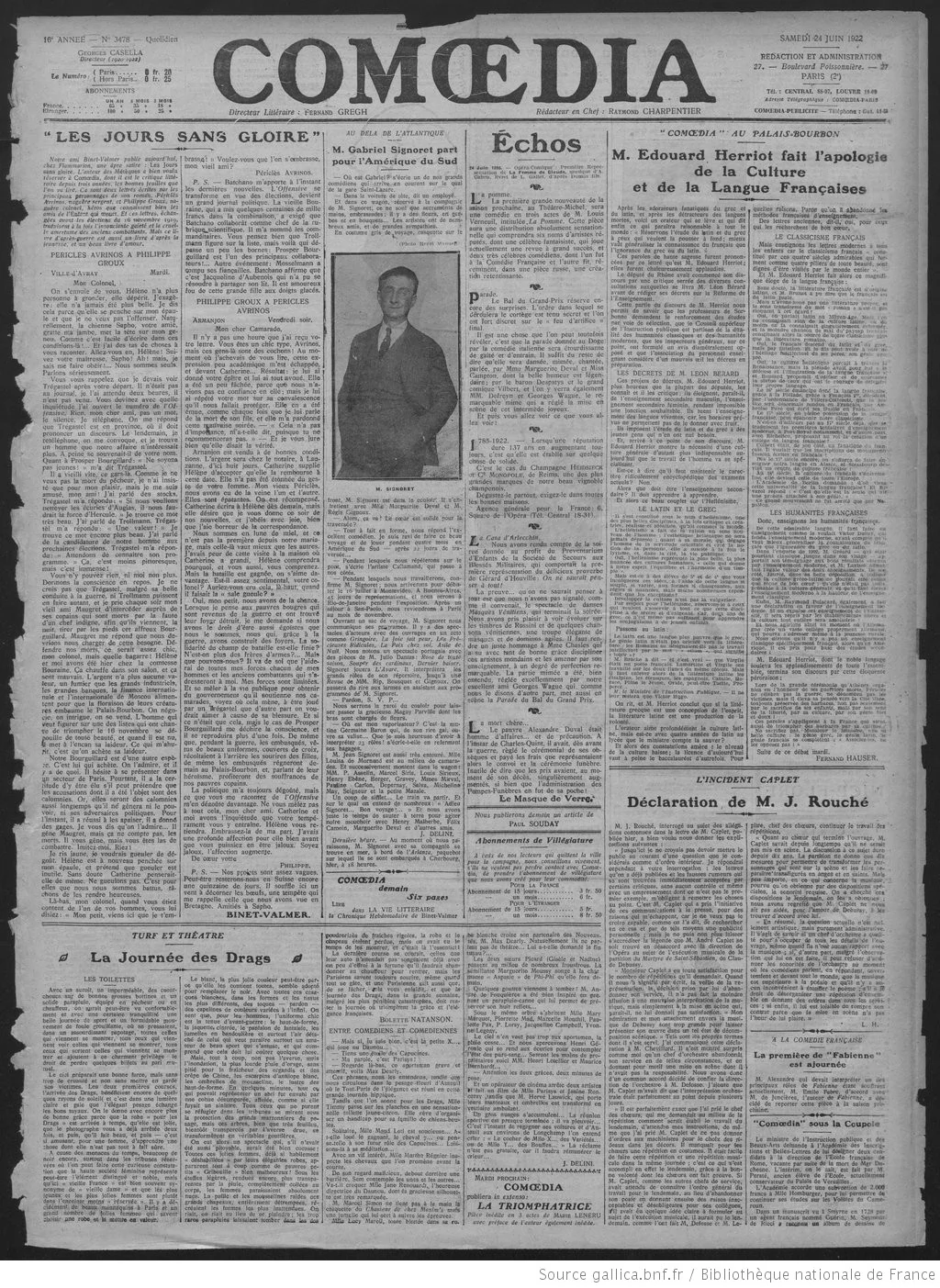 Comoedia édition du 24 juin 1922 Edouard Herriot fait l éloge de la langue française page 1 05