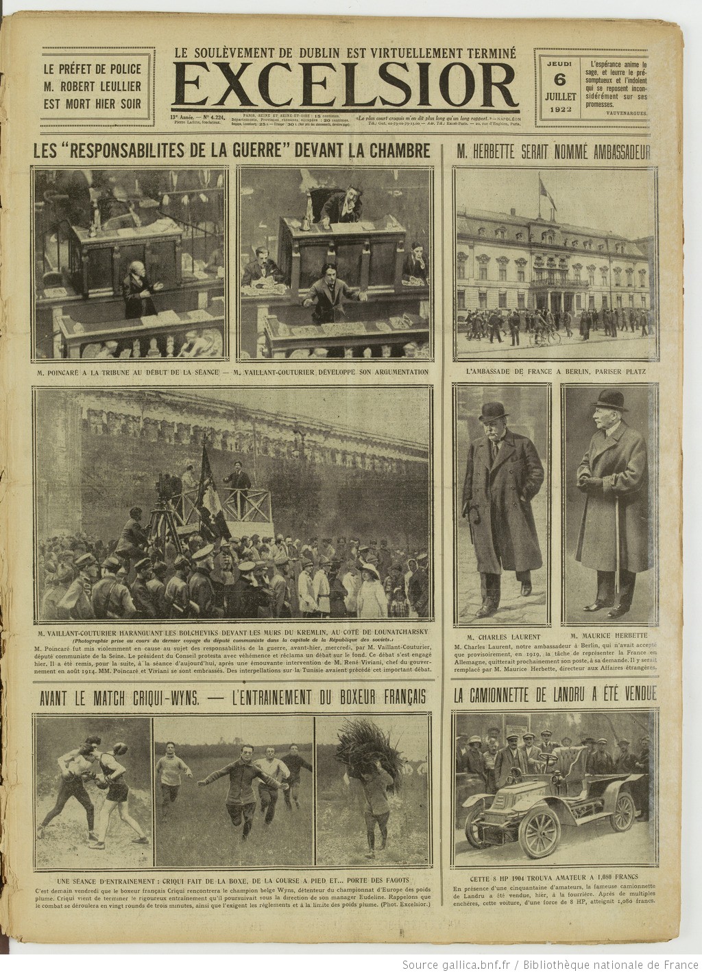 Excelsior édition du 06 juillet 1922 la une page la voiture de Landru est vendue 1 05