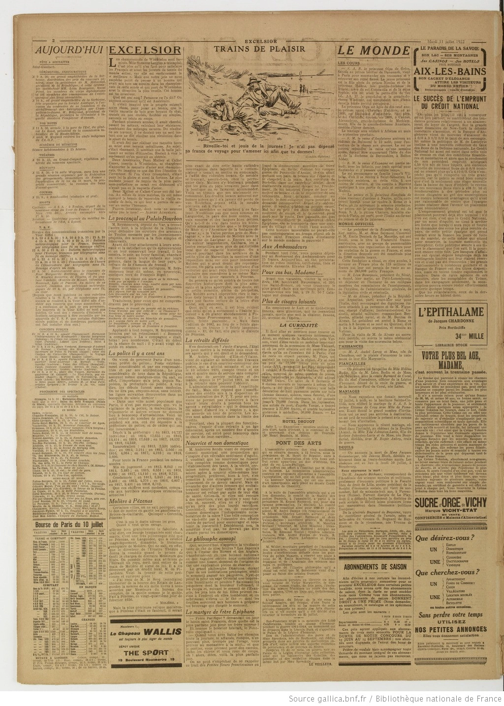 Excelsior édition du 11 juillet 1922 la page le tournoi de Wimbledon P2