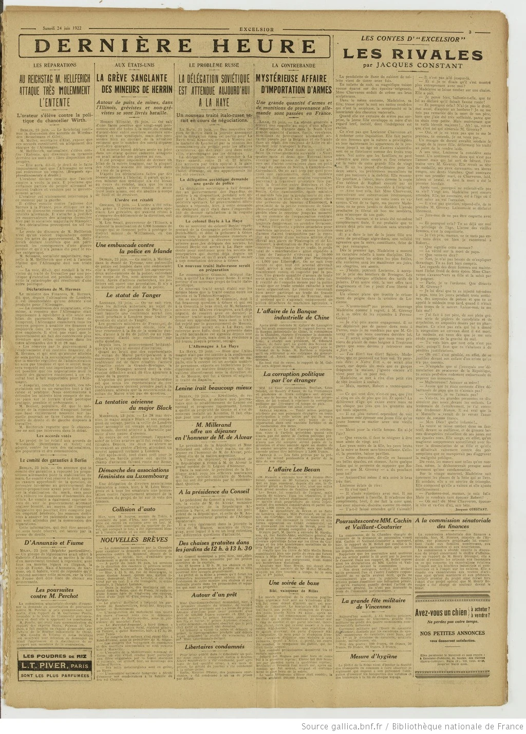 Excelsior édition du 24 juin 1922 les sièges des jardins du Luxembourg sont gratuits pour les ouvriers à midi page 3 05 1