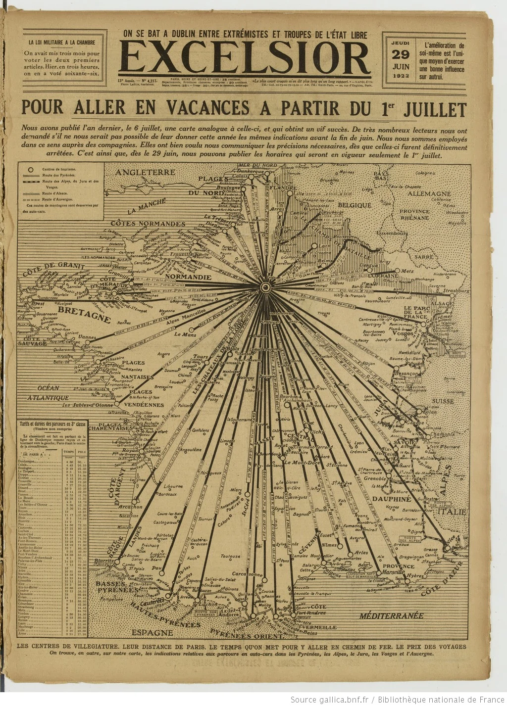 Excelsior édition du 29 juin 1922 les vacances de juillet carte des lignes ferroviaires 1 05
