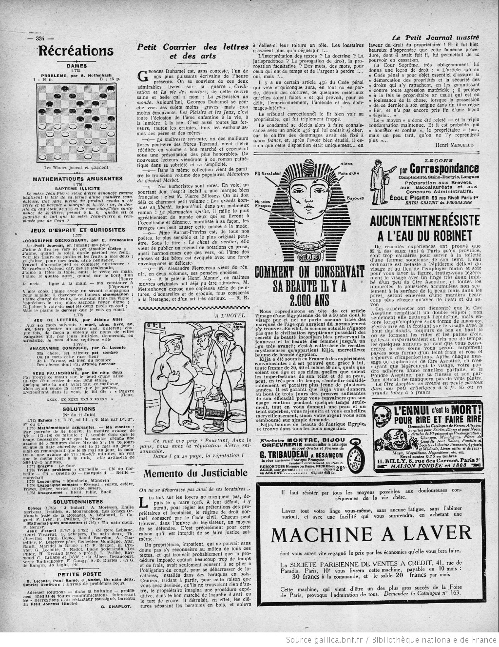 Le Petit journal Illustré édition du 09 juillet 1922 la page récréation problèmes jeu de dames P10 05