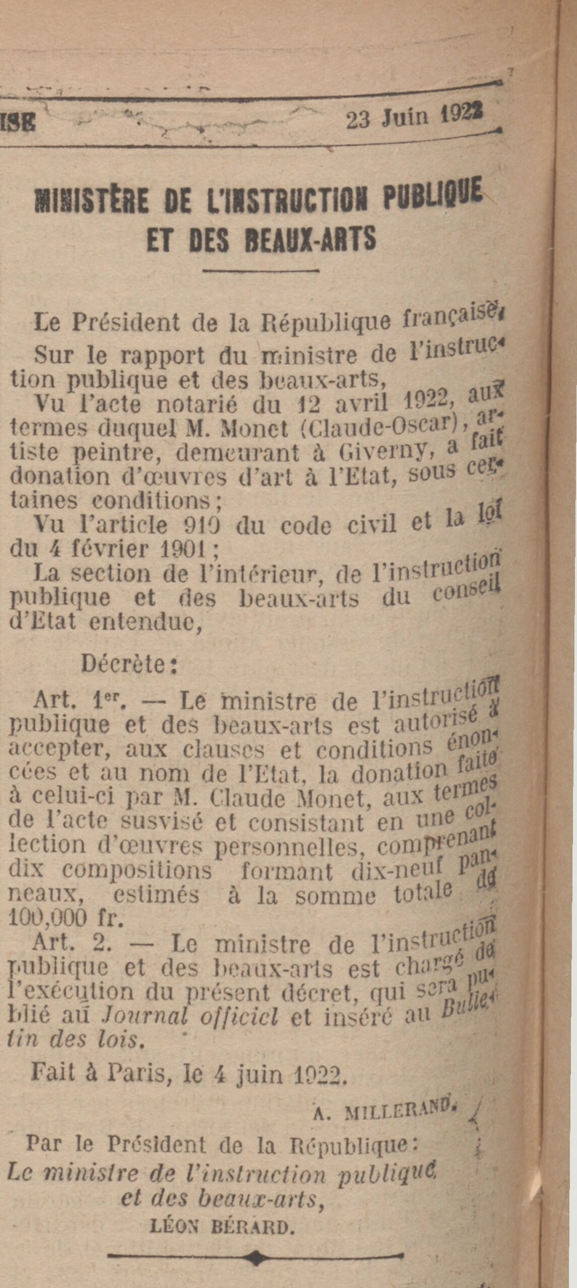 Journal officiel de la République juin 1922 article donation Claude Monet les Nympheas 4 05