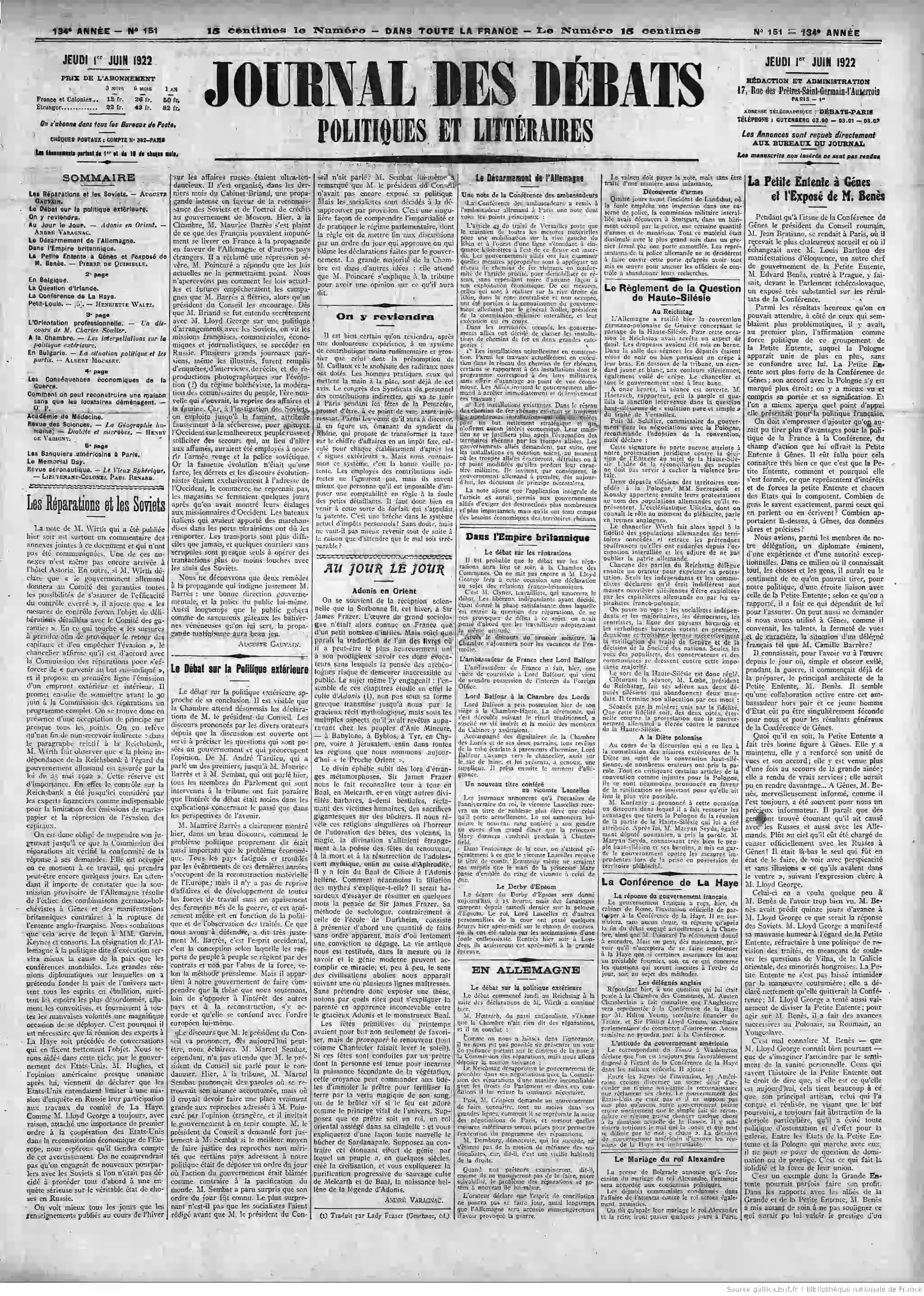 Journal des débats du 01 juin 1922 la une 01