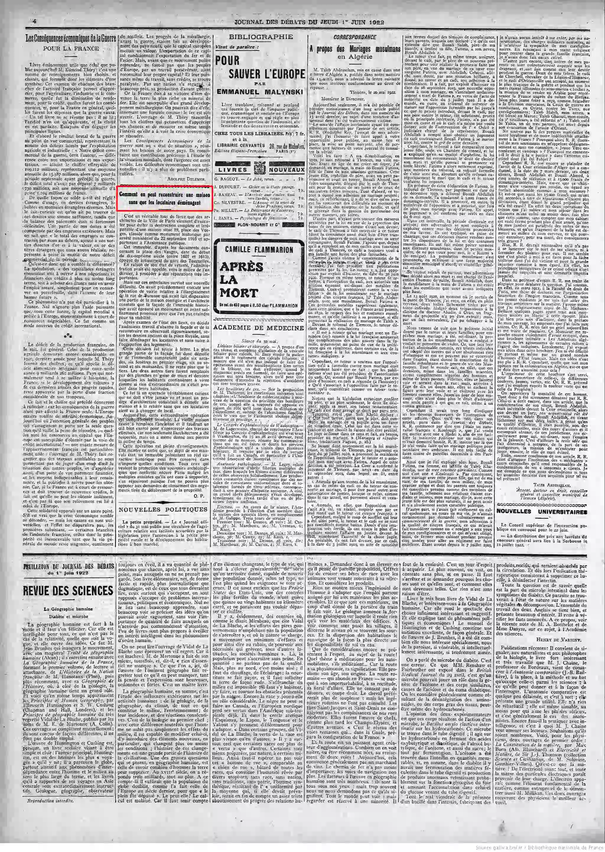 Journal des débats politiques quotidien du 1er juin 1922 restauration immeuble page4