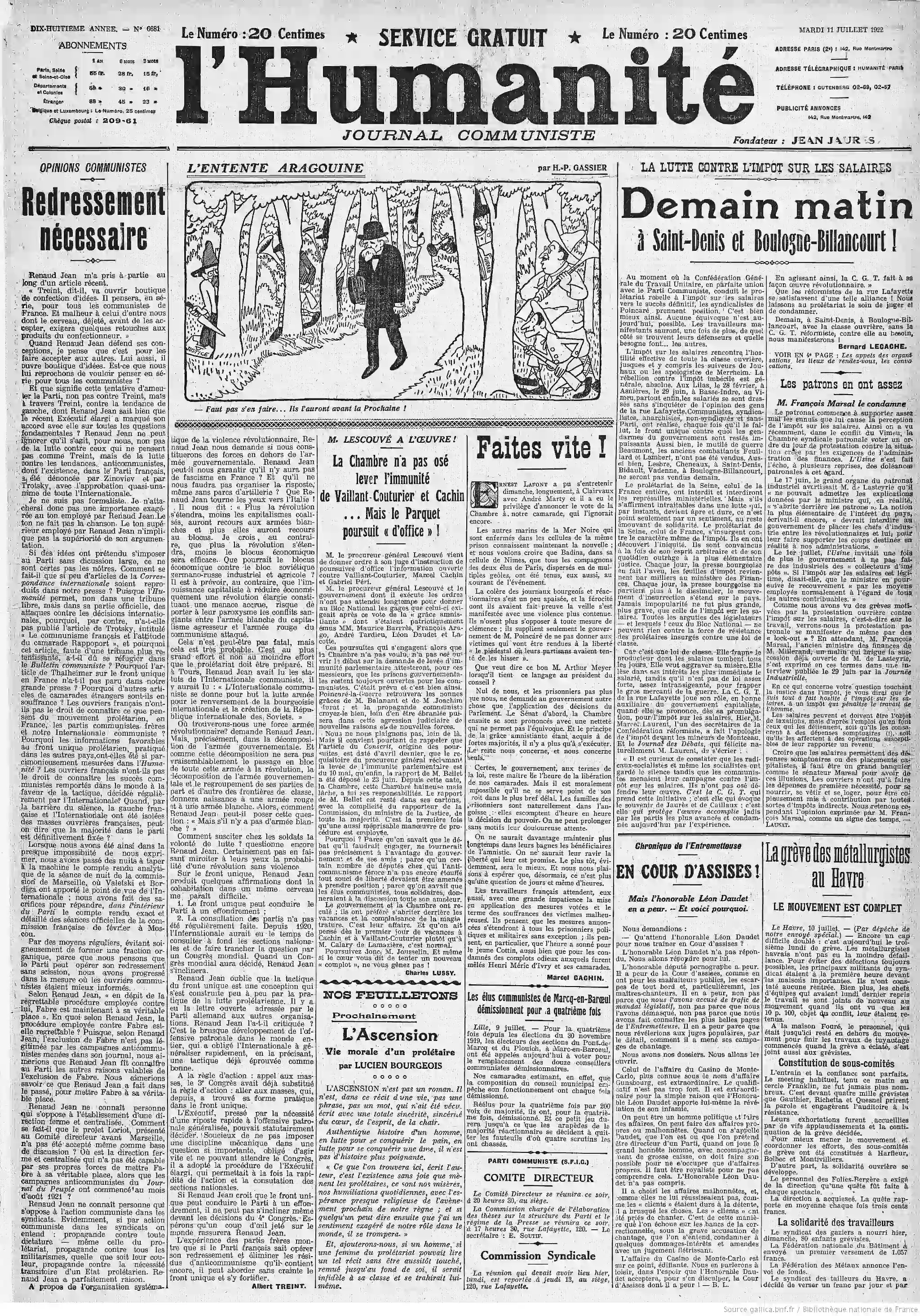 LHumanité édition du 11 juillet 1922 la une tous à Boulogne Billancourt pour défendre les salaires P1