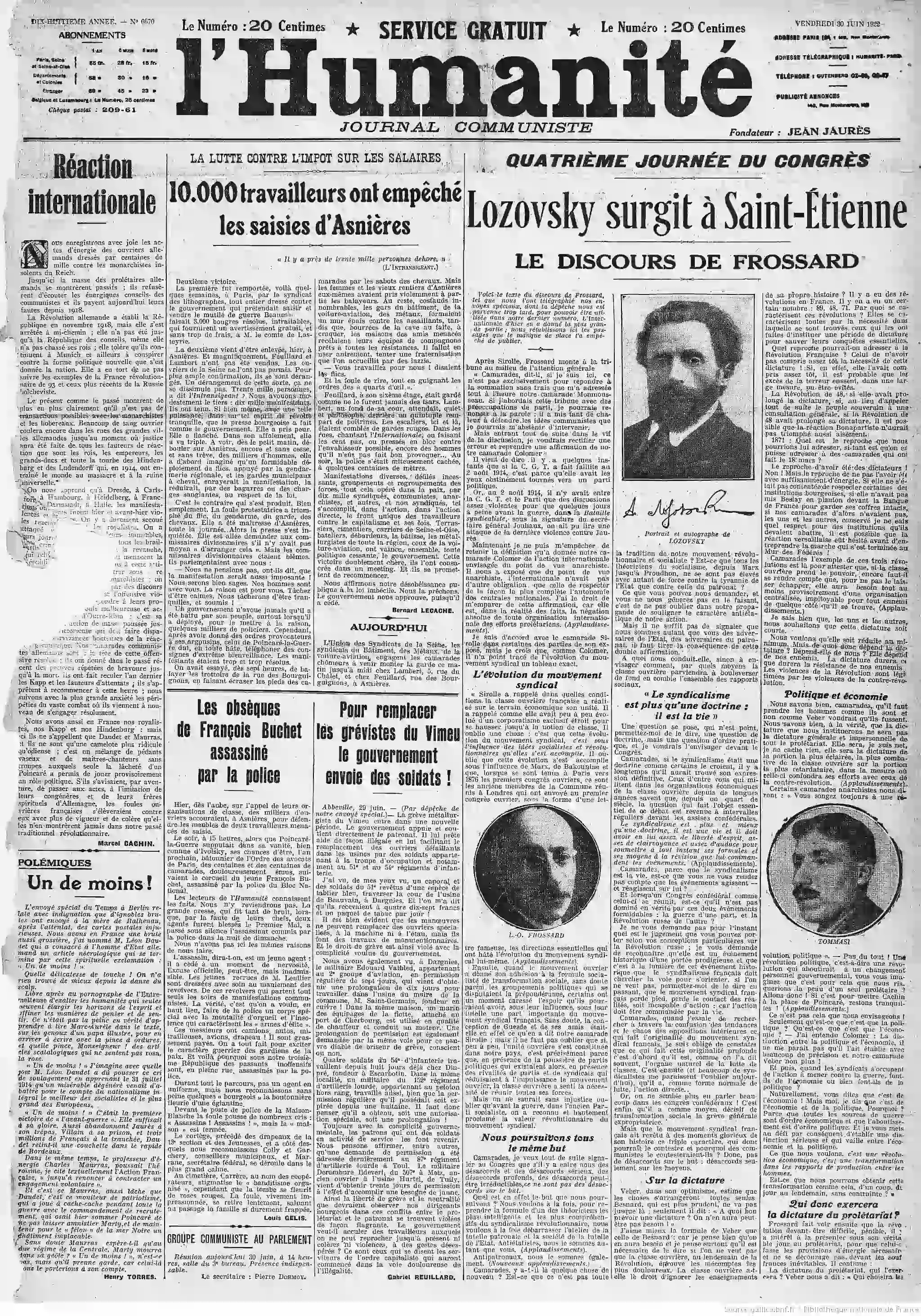 LHumanité édition du 30 juin 1922 la une la manifestation à Asnières 1 05