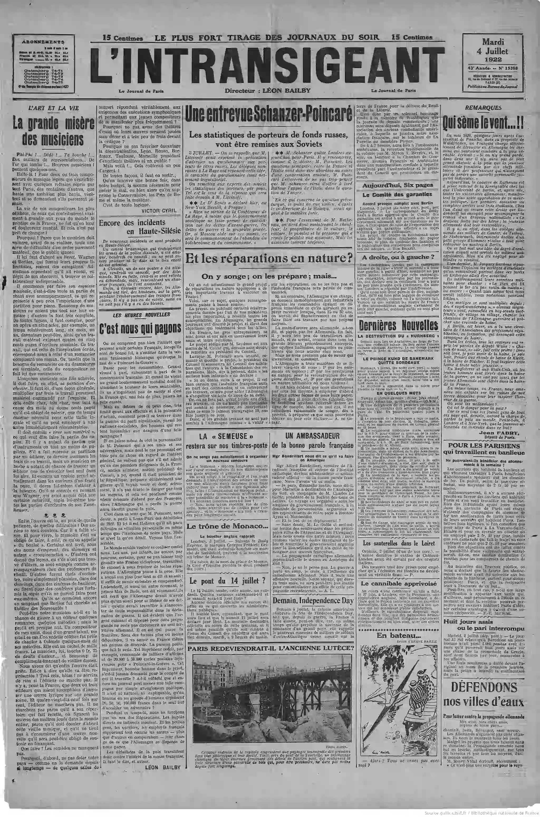 LIntransigeant édition du 04 juillet 1922 la une la vie misérable des musiciens 1 05