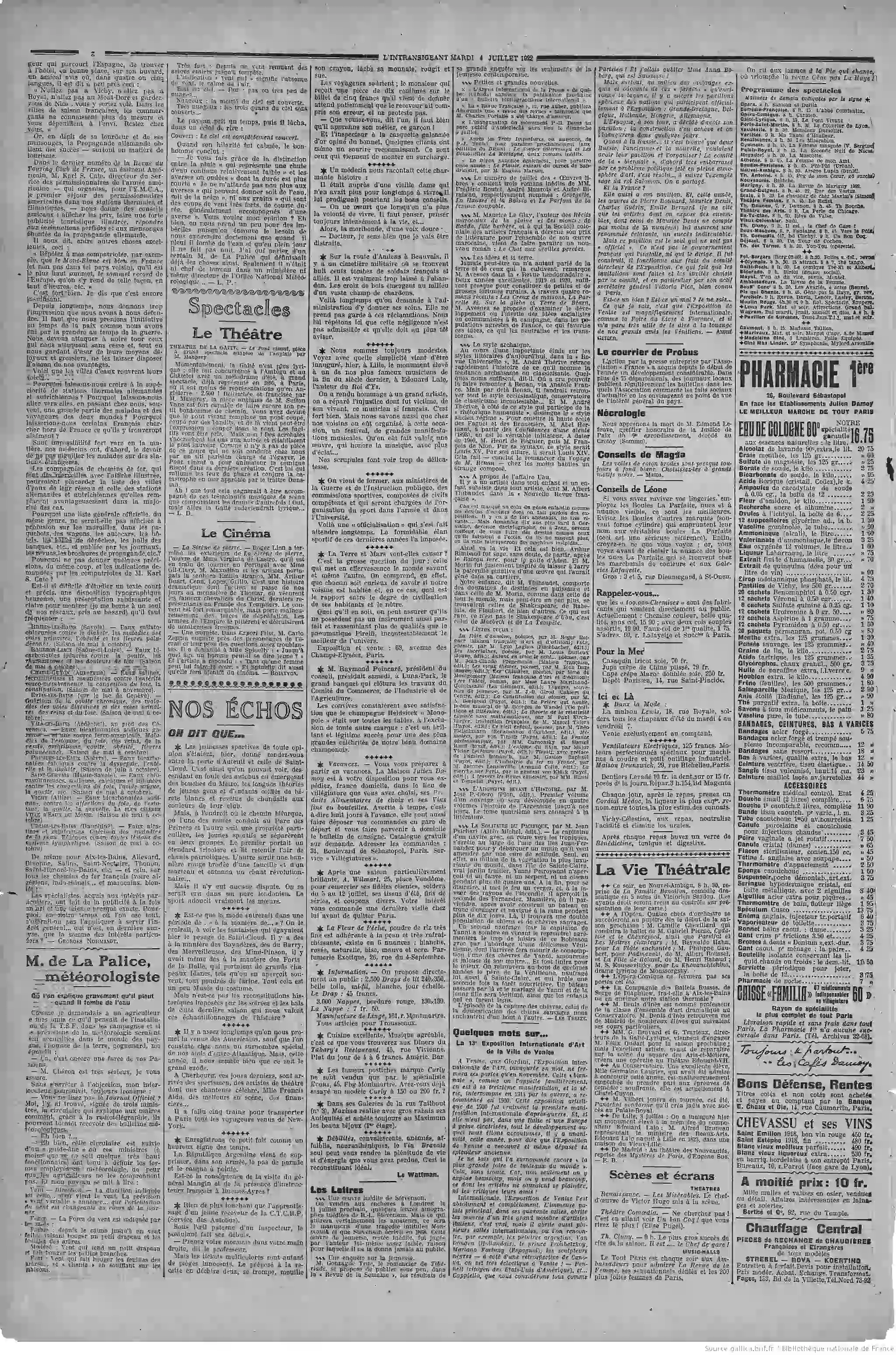LIntransigeant édition du 04 juillet 1922 page la Palice météorologue 2 05 05