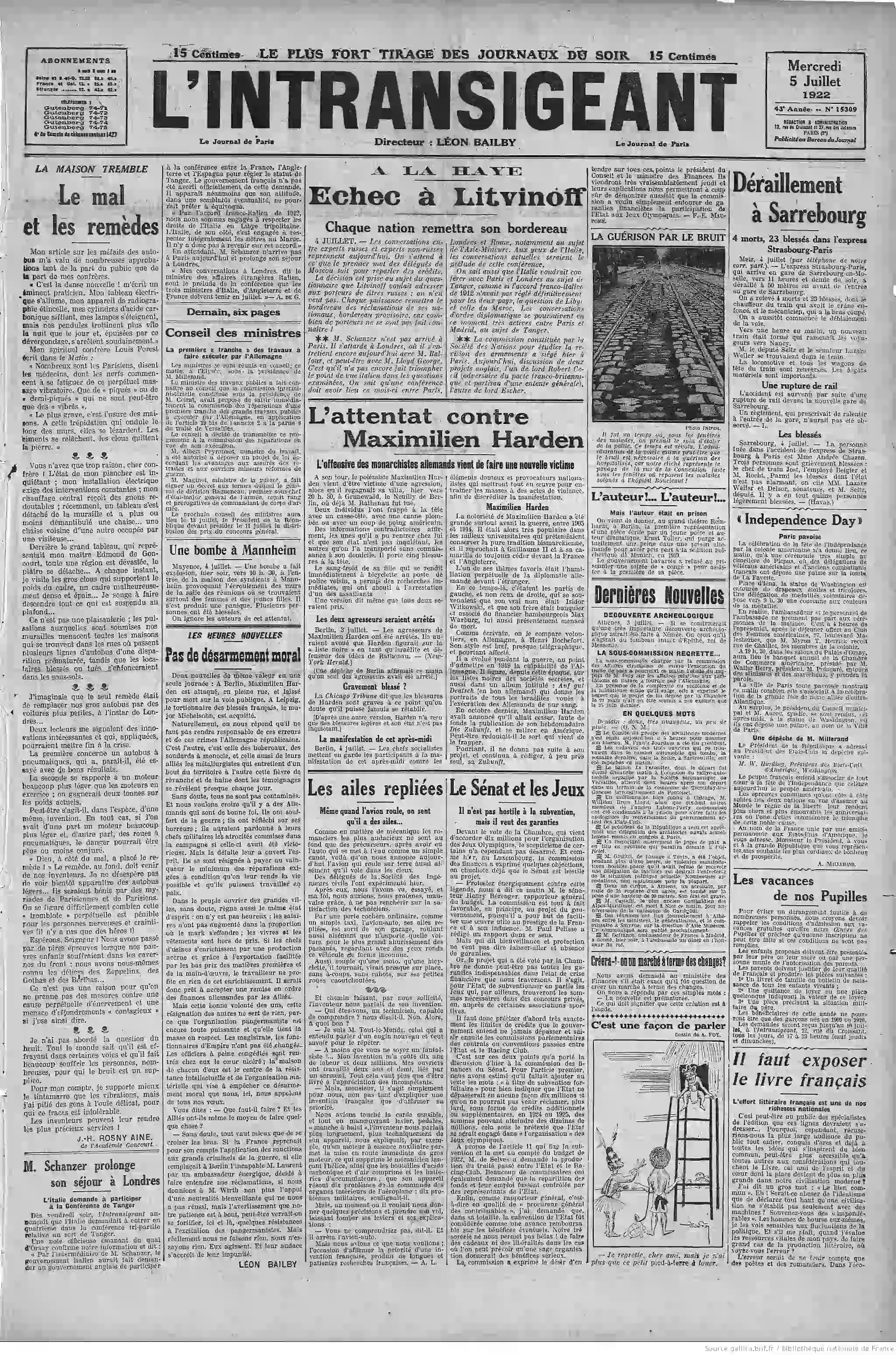 LIntransigeant édition du 05 juillet 1922 La une les maux et les remèdes le bruit
