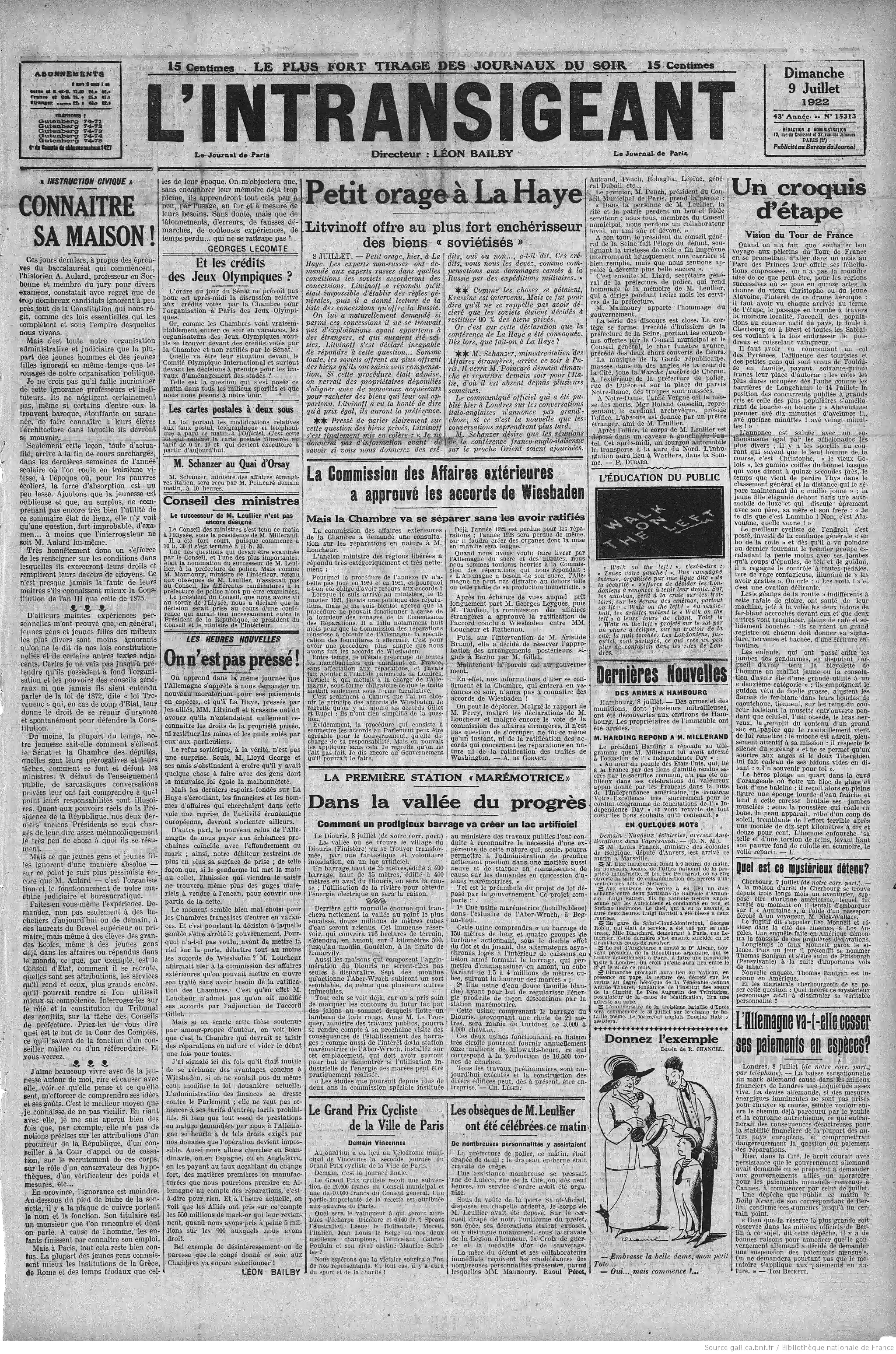 LIntransigeant édition du 09 juillet 1922 la une marémotrice et lac artificiel 1 05