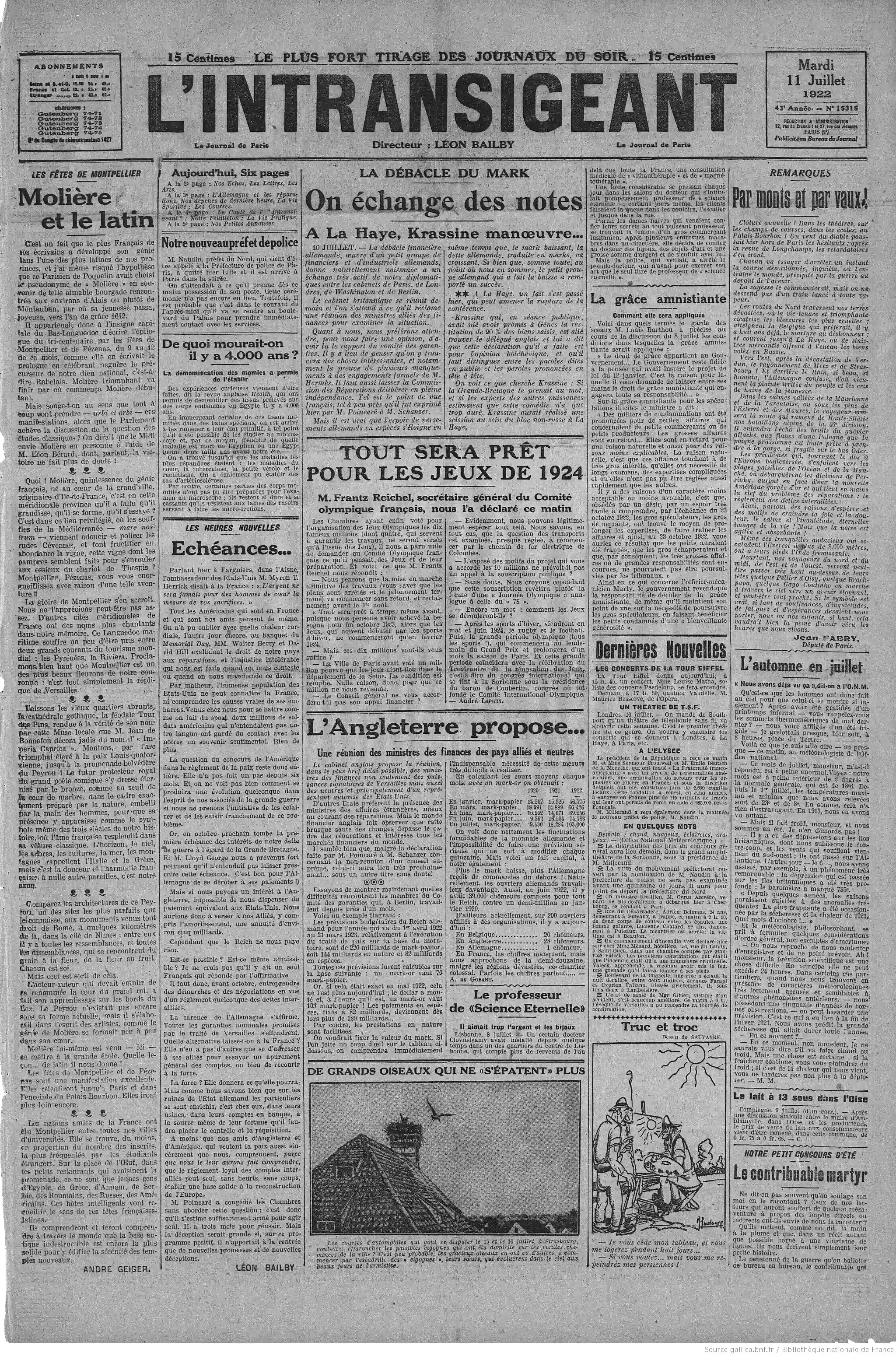 LIntransigeant édition du 11 juillet 1922 la une P1