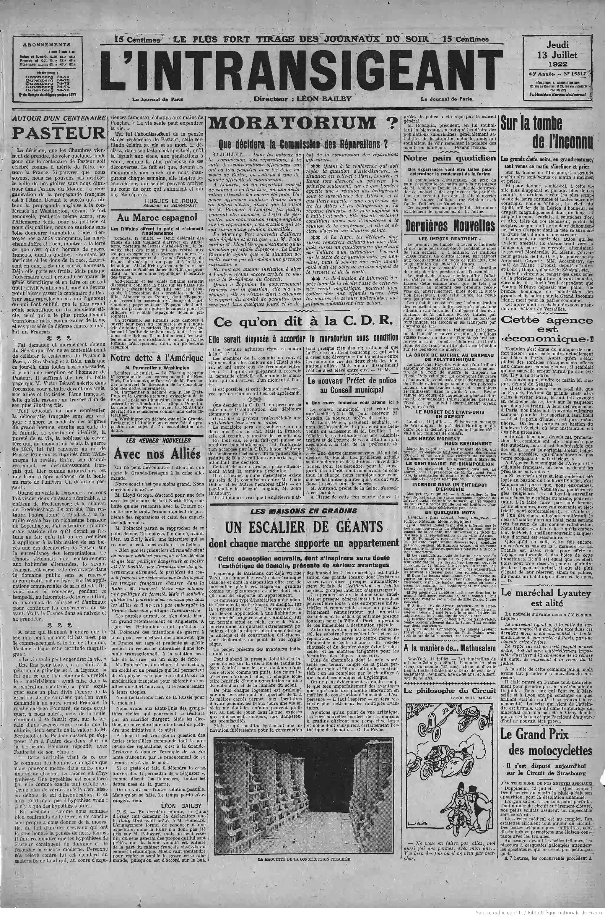 LIntransigeant édition du 13 juillet 1922 la une les appartements en gradins P1