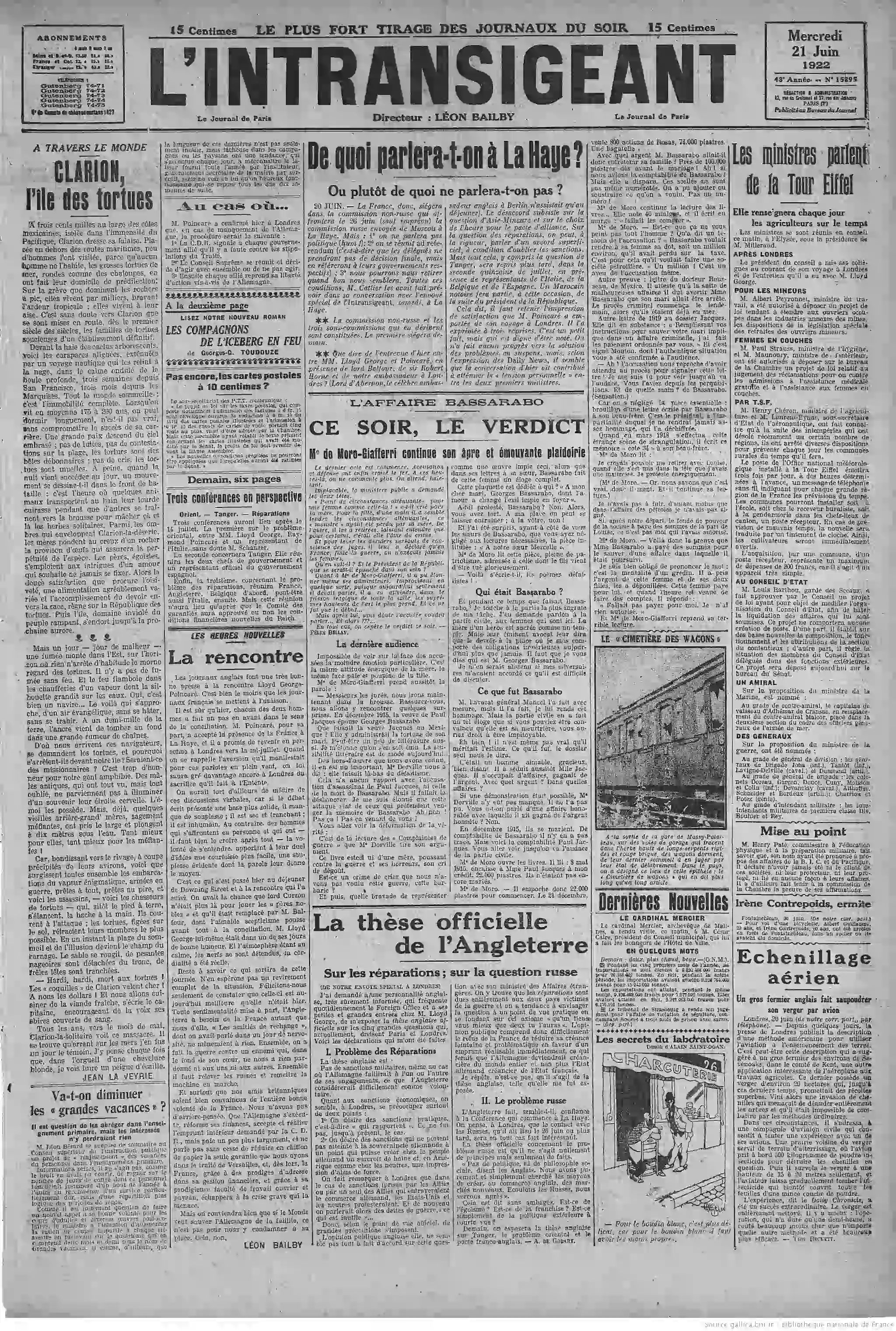 LIntransigeant édition du 21 juin 1922 Clarion archipel protégé la une