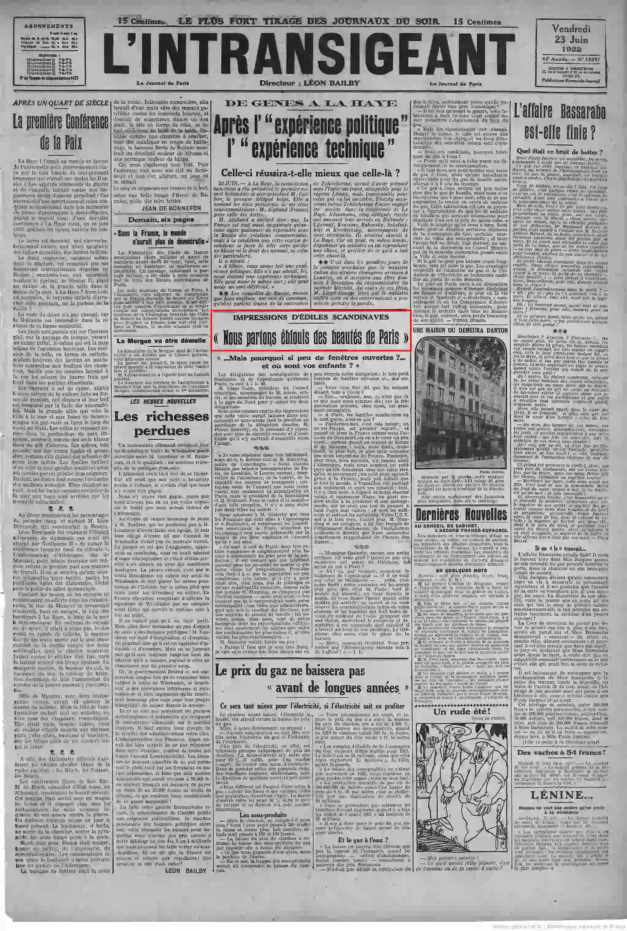 LIntransigeant édition du 23 juin 1922 les édiles Danois et Suédois visitent Paris la une page 01
