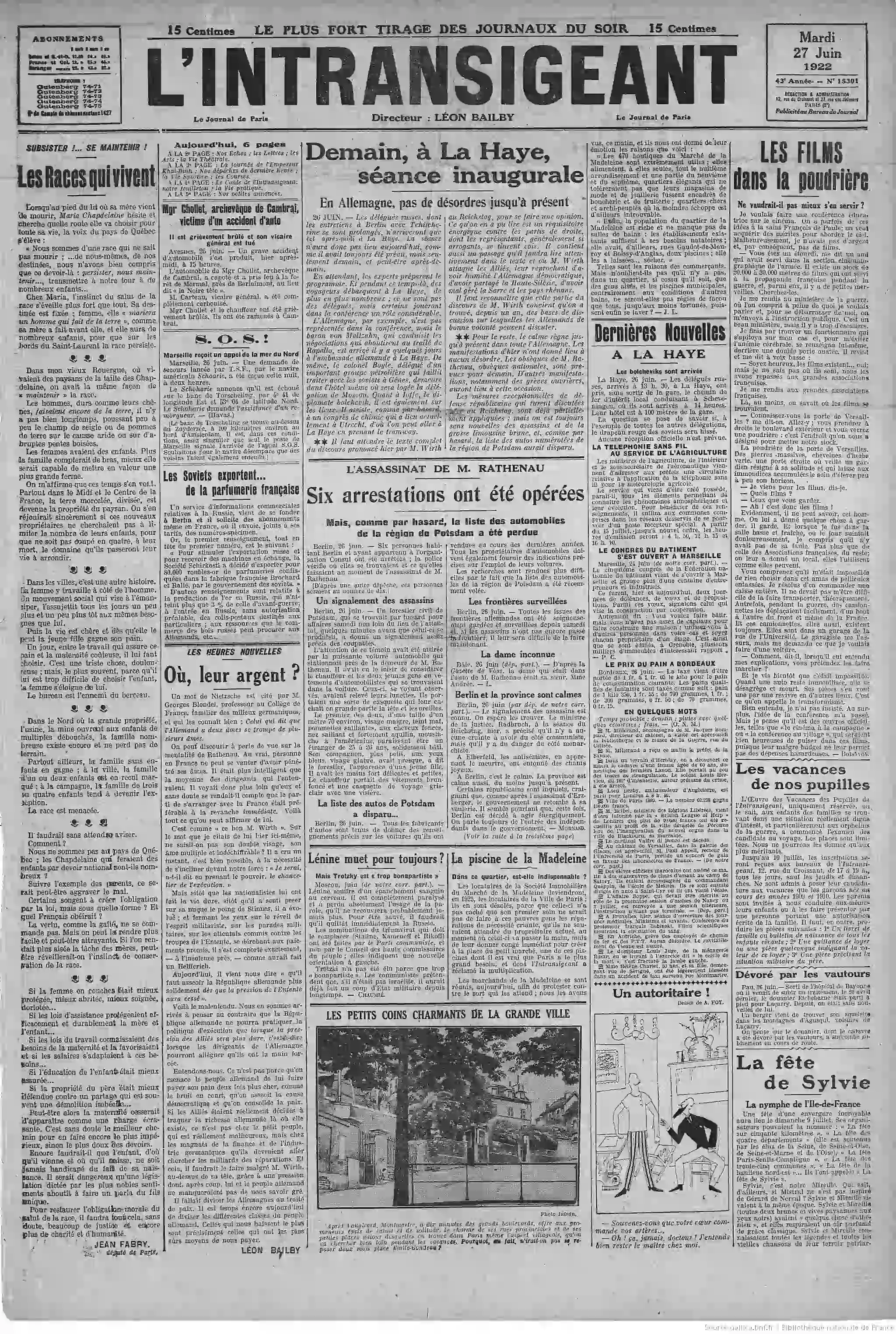 LIntransigeant édition du 27 juin 1922 page une la piscine de la Madeleine 1 05
