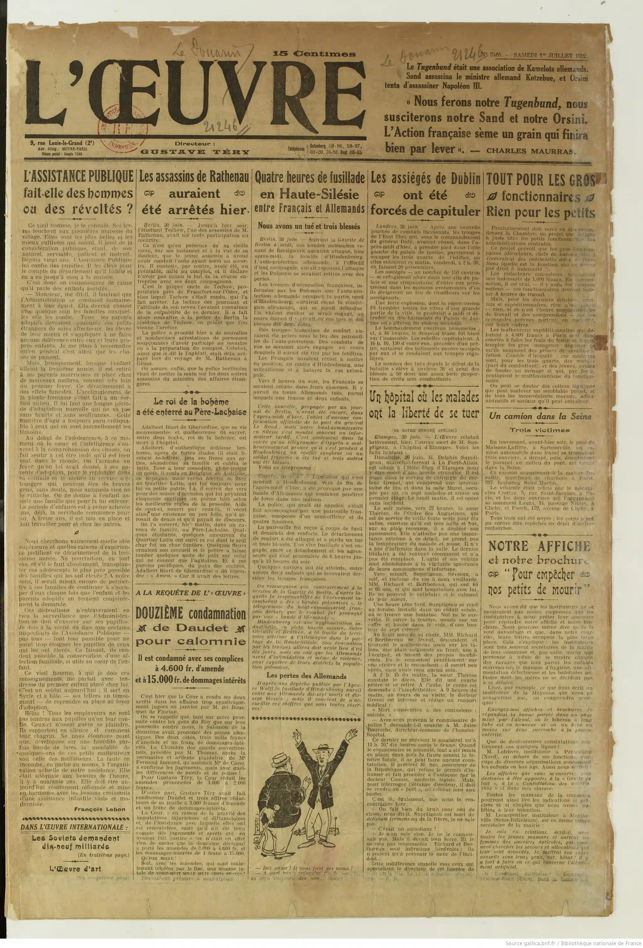 LOeuvre édition du 01 juillet 1922 la une que fait l Assistance Publique de nos enfants 05