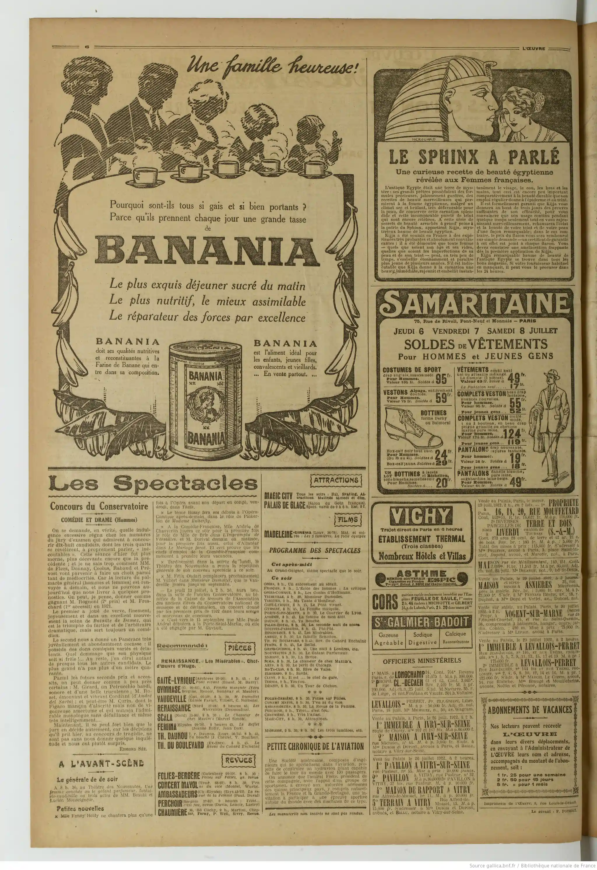 L Oeuvre édition du 05 juillet 1922 la page publicité pour Banania P6