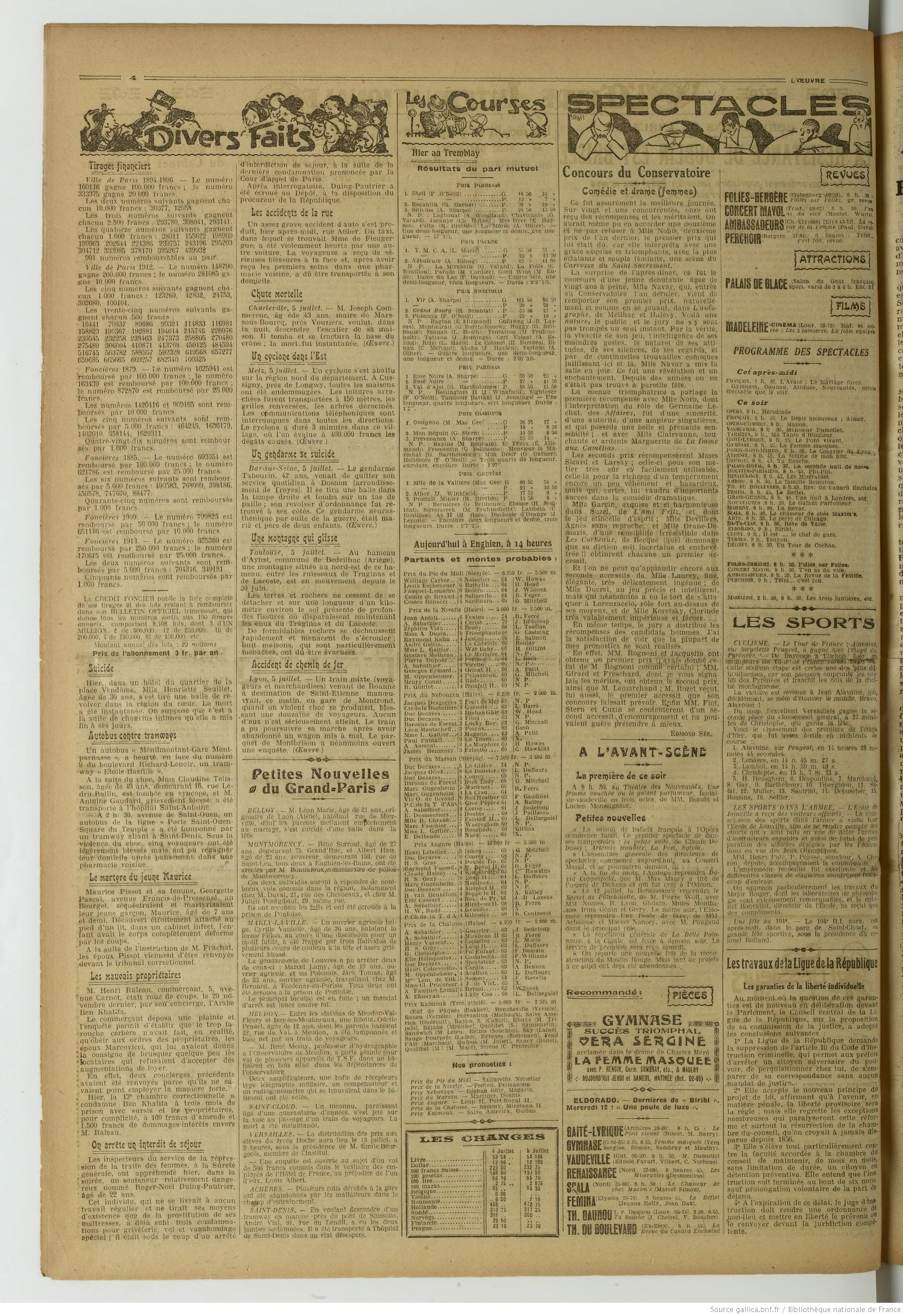 L Oeuvre édition du 06 juillet 1922 la page une montagne glisse 4 05