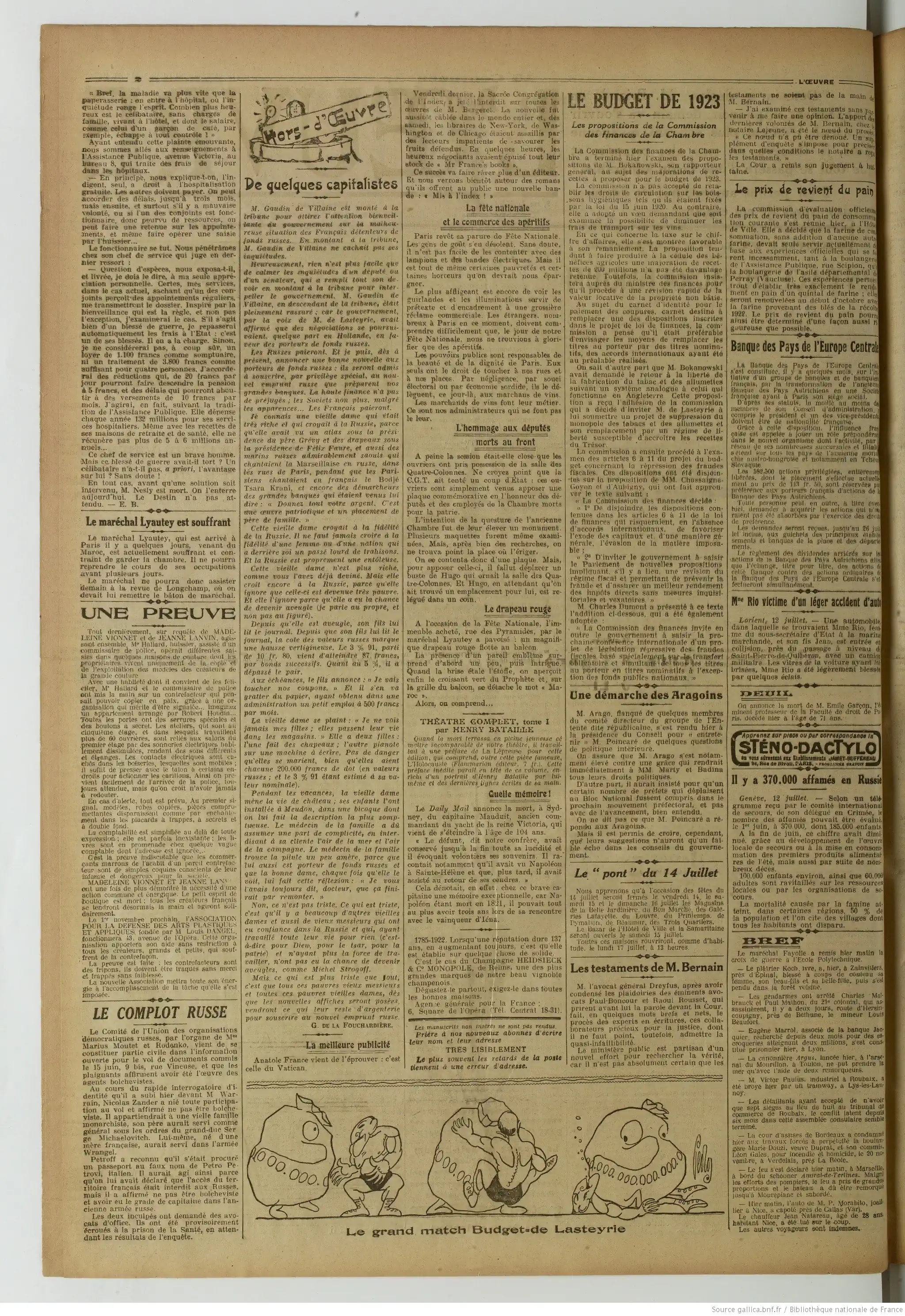L Oeuvre édition du 13 juillet 1922 la page deux ayez des enfants et n ayez pas peur P2