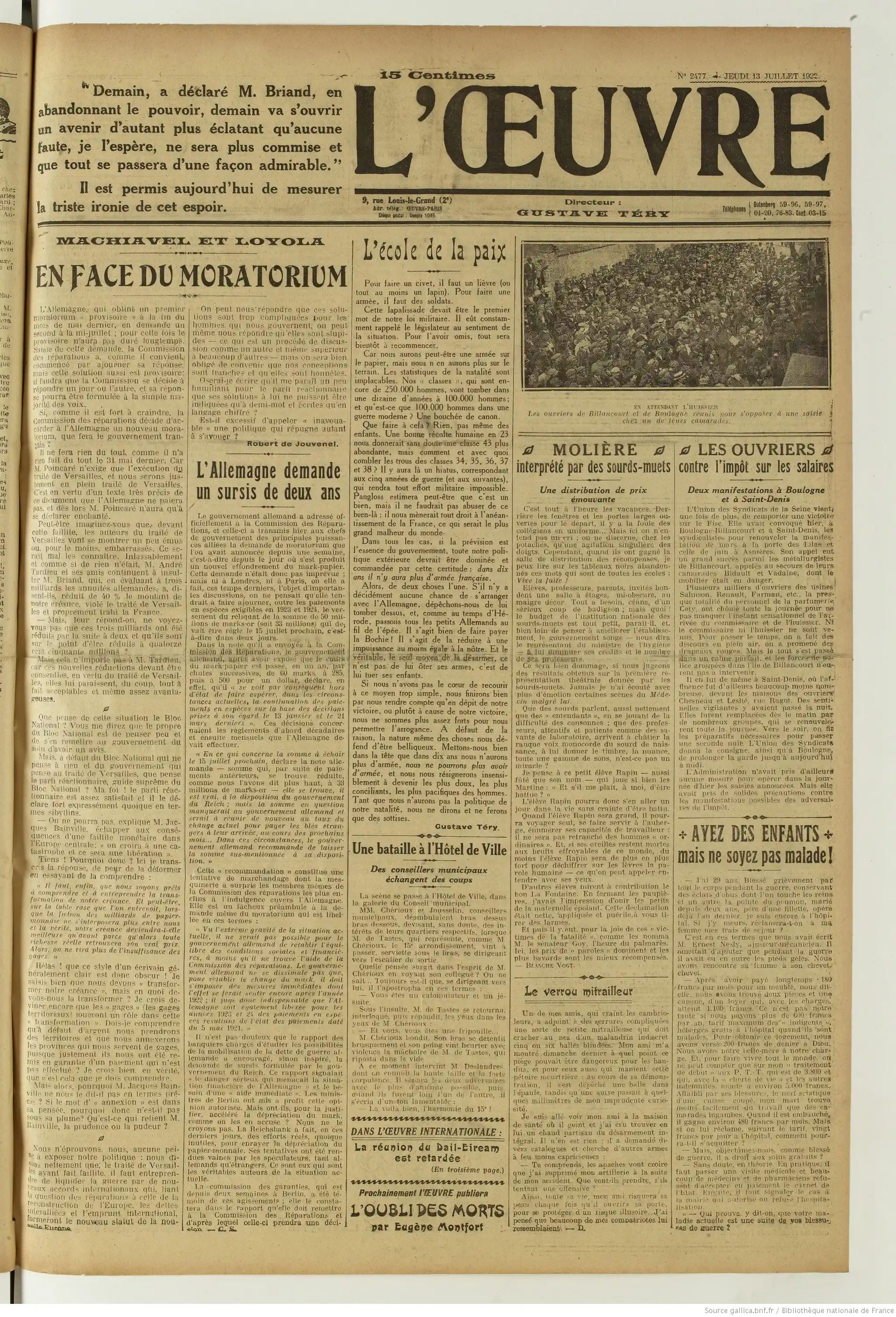 L Oeuvre édition du 13 juillet 1922 la une Molière mis en scène par et avec des sourd muets P1