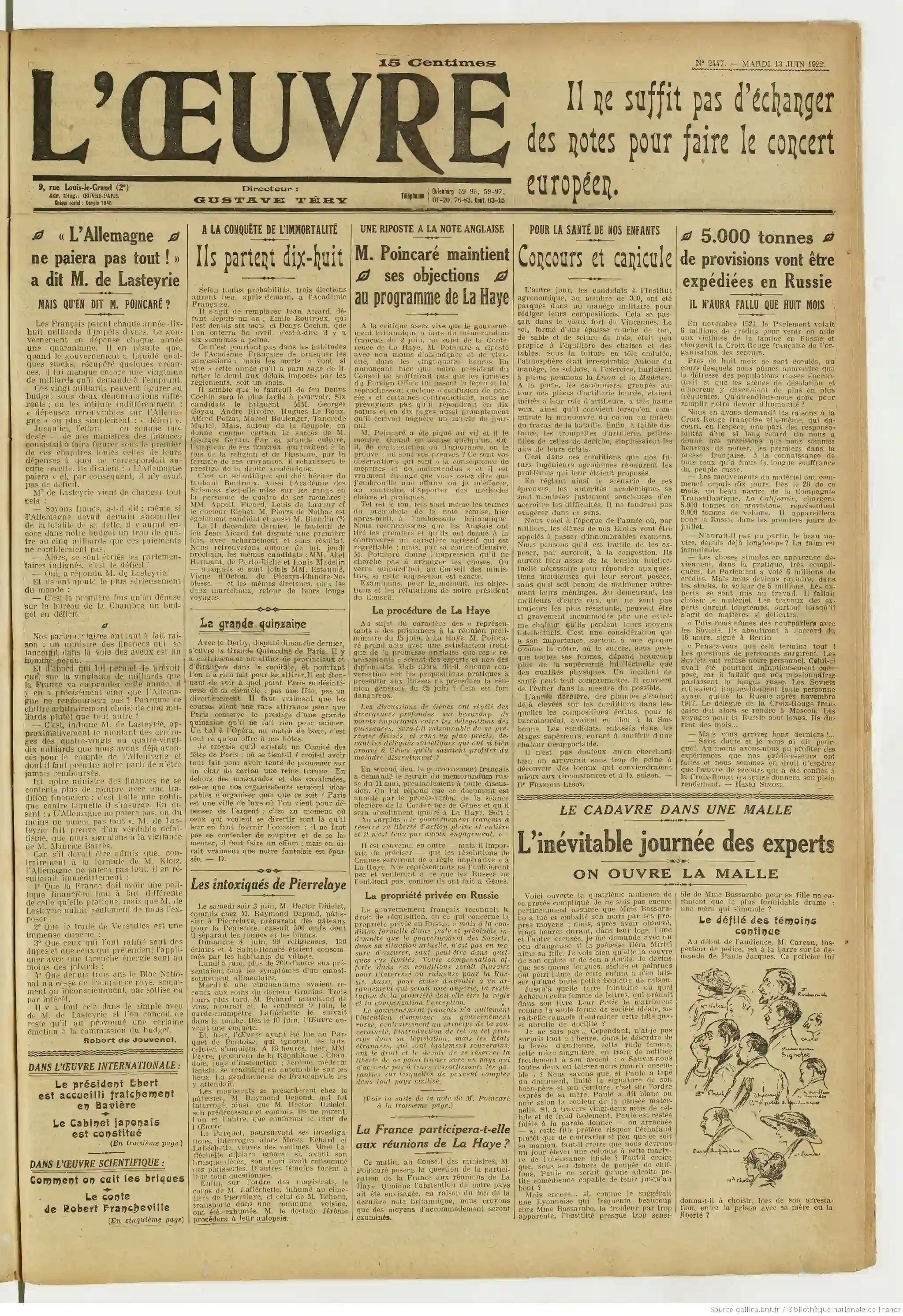 L Oeuvre édition du 13 juin 1922 la une