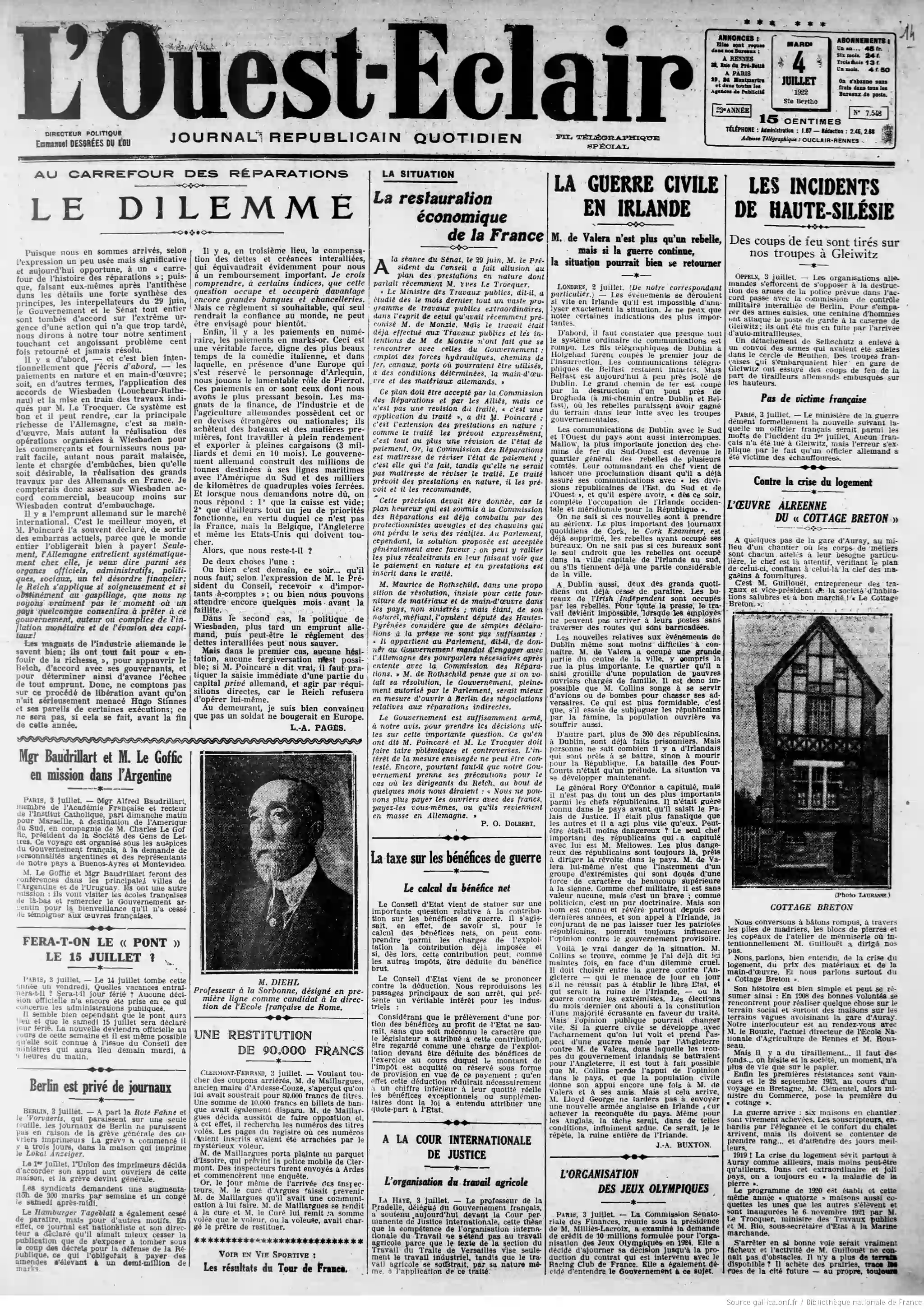 LOuest Éclair édition du 04 juillet 1922 la une les constructiuon HLM pour faire face à la crise du logement en 05