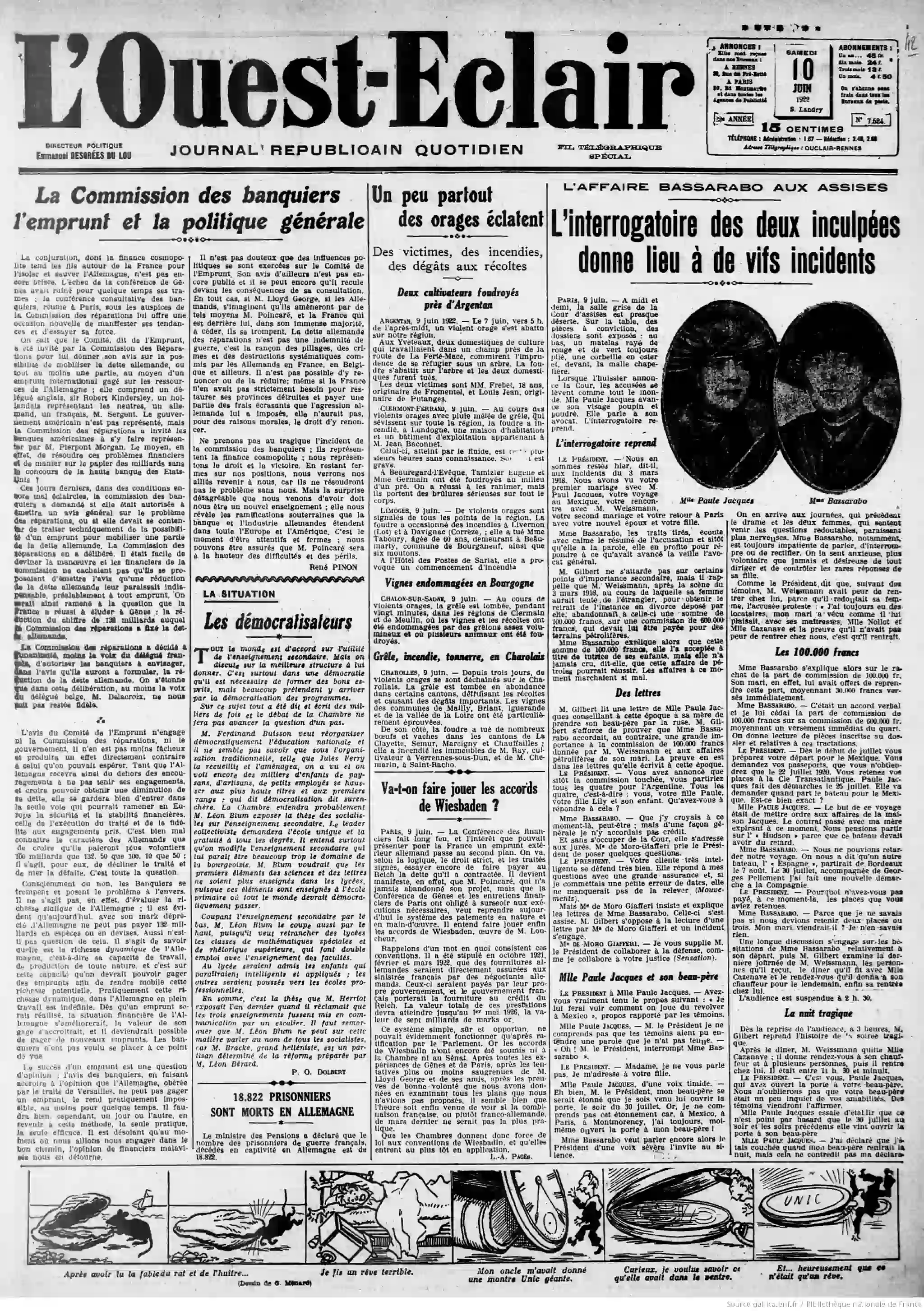 LOuest Éclair édition du 10 juin 1922 les orages en France page