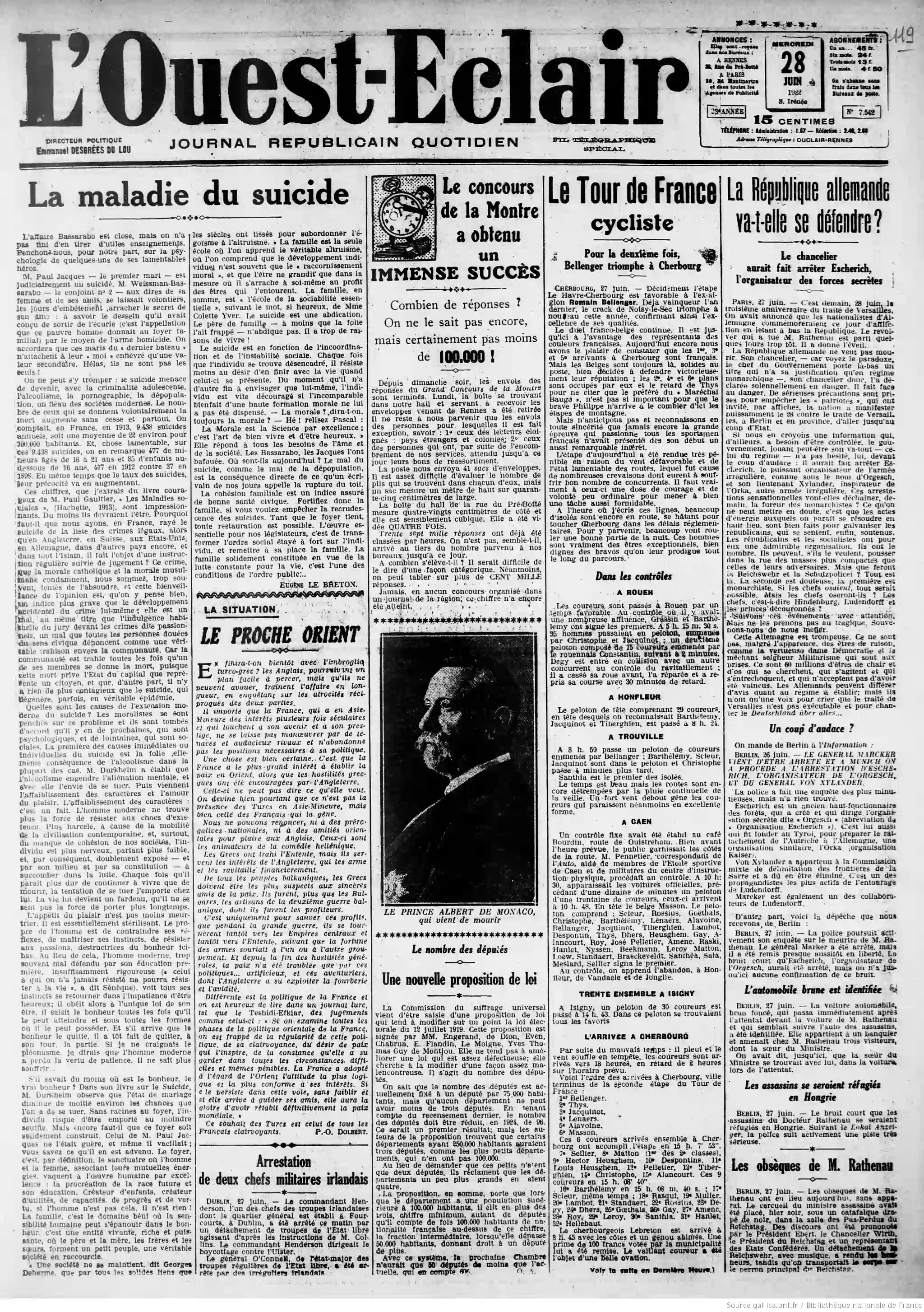 LOuest Éclair édition du 28 juin 1922 la une la maladie du suicide 11 05