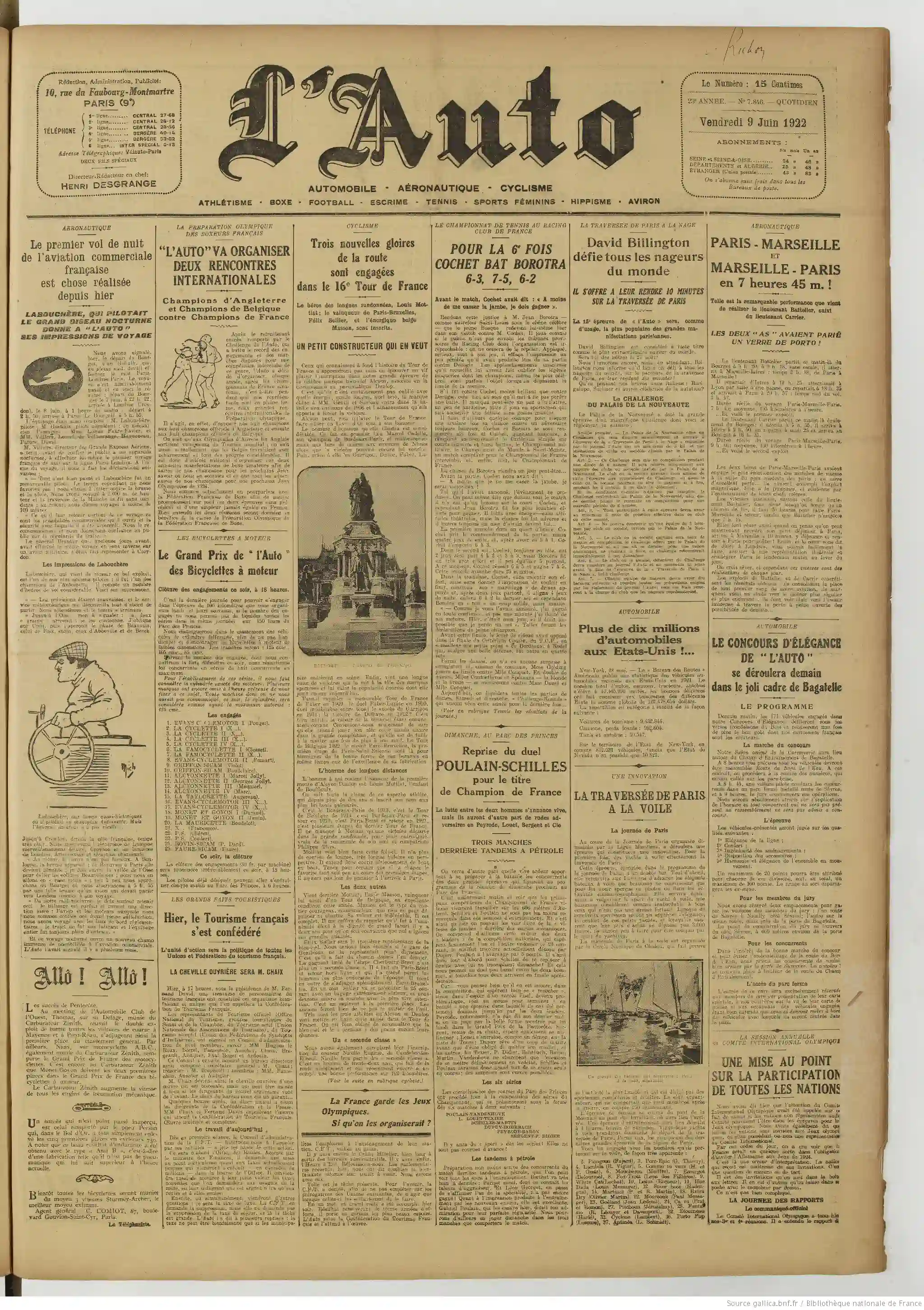 LAuto vélo sports édition du 09 juin 1922 premier vol de l aréonautique commerciale française page