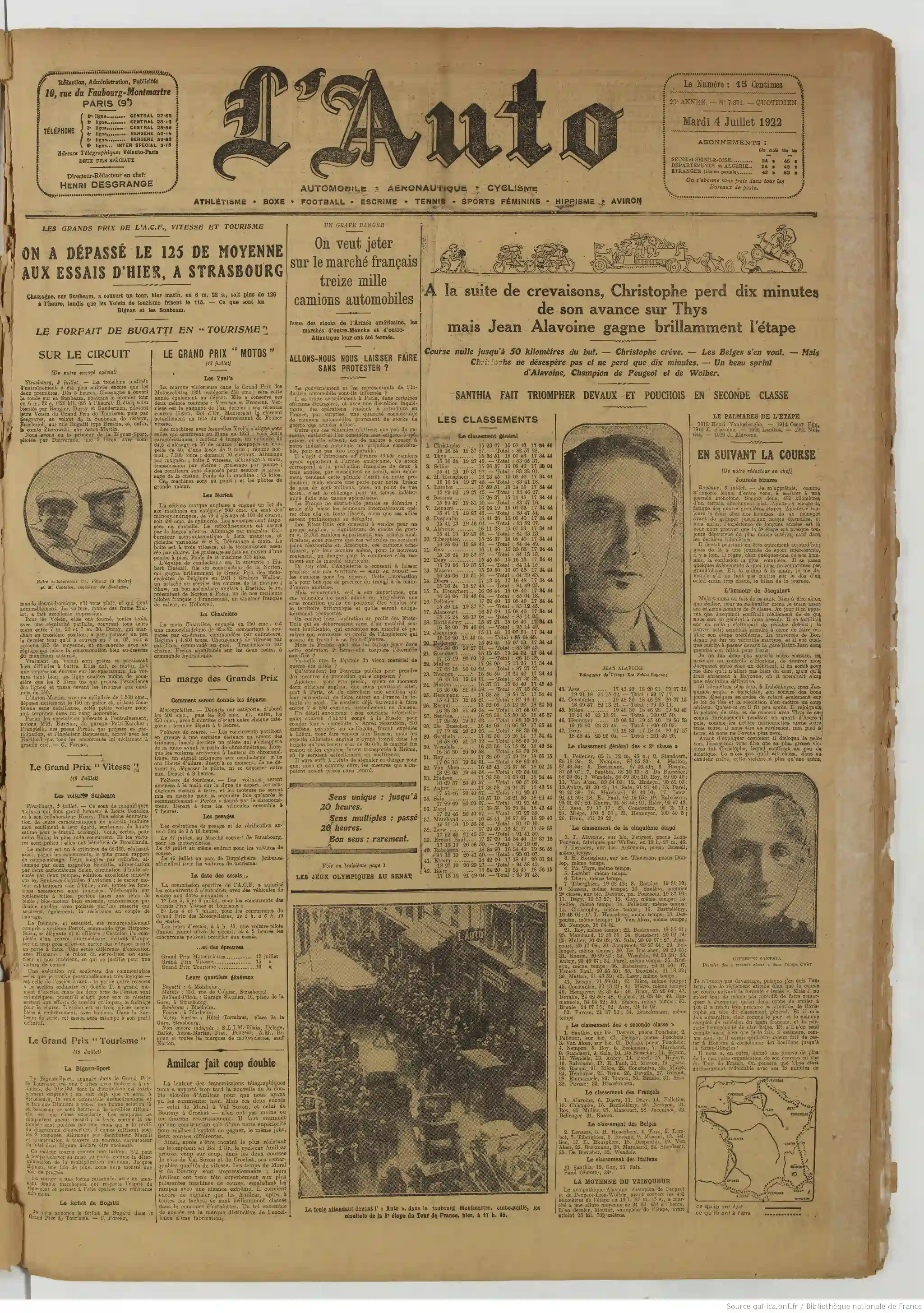 LAuto vélo édition du 04 juillet 1922 la une photo arrivée de la 5ème étape du tour de France01