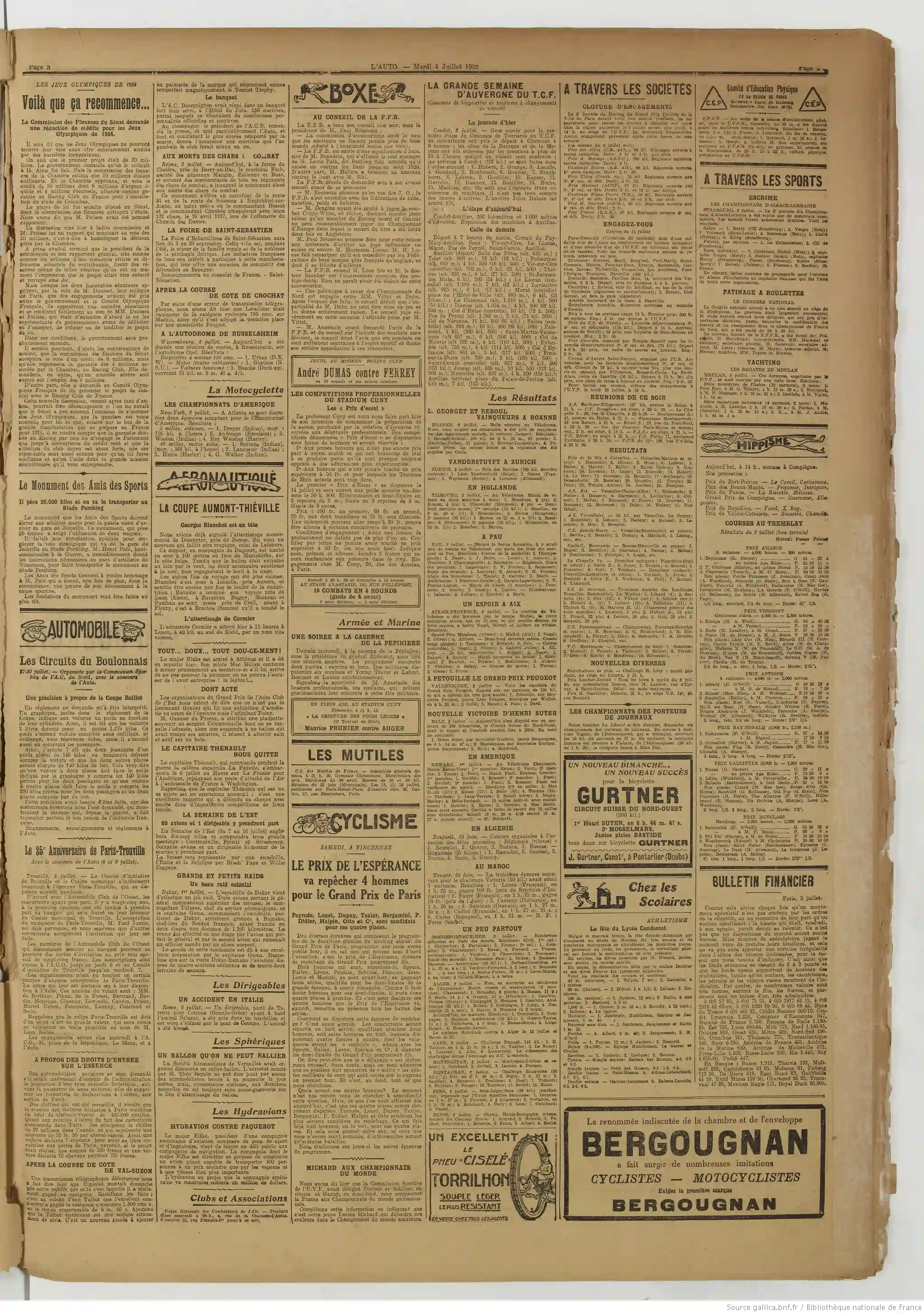 LAuto vélo édition du 04 juillet 1922 page 02 le Sénat demande une baisse des crédits pour les Jeux Olympiques