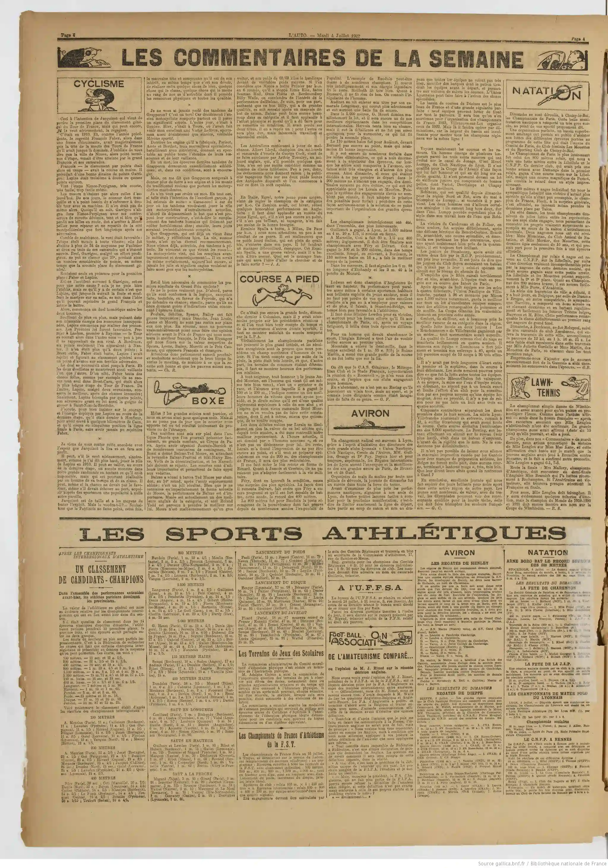 LAuto vélo édition du 04 juillet 1922 page 03 tournoi de tennis de Wimbledon qualification de Suzanne Lenglen