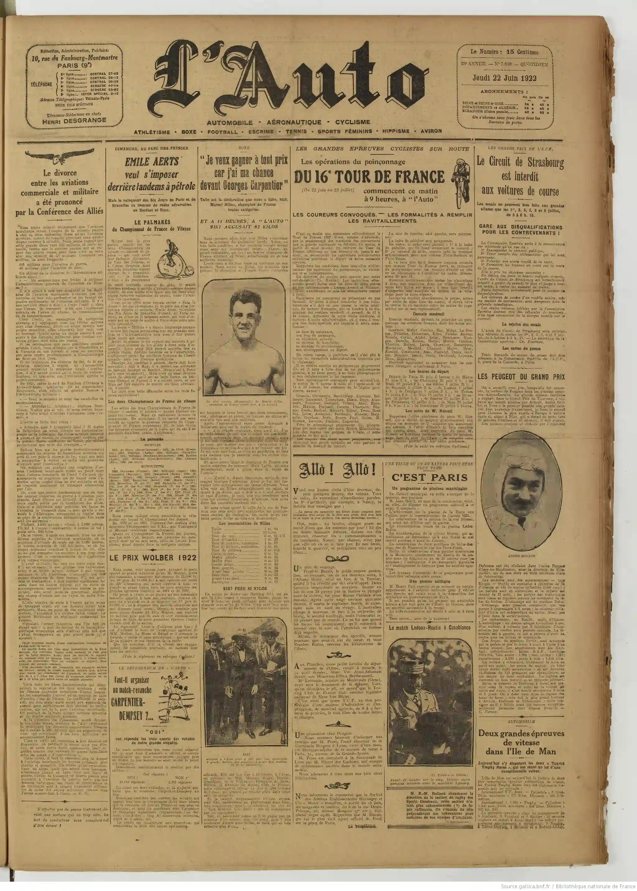 LAuto vélo édition du 22 juin 1922 les piscines manquent à Paris la une