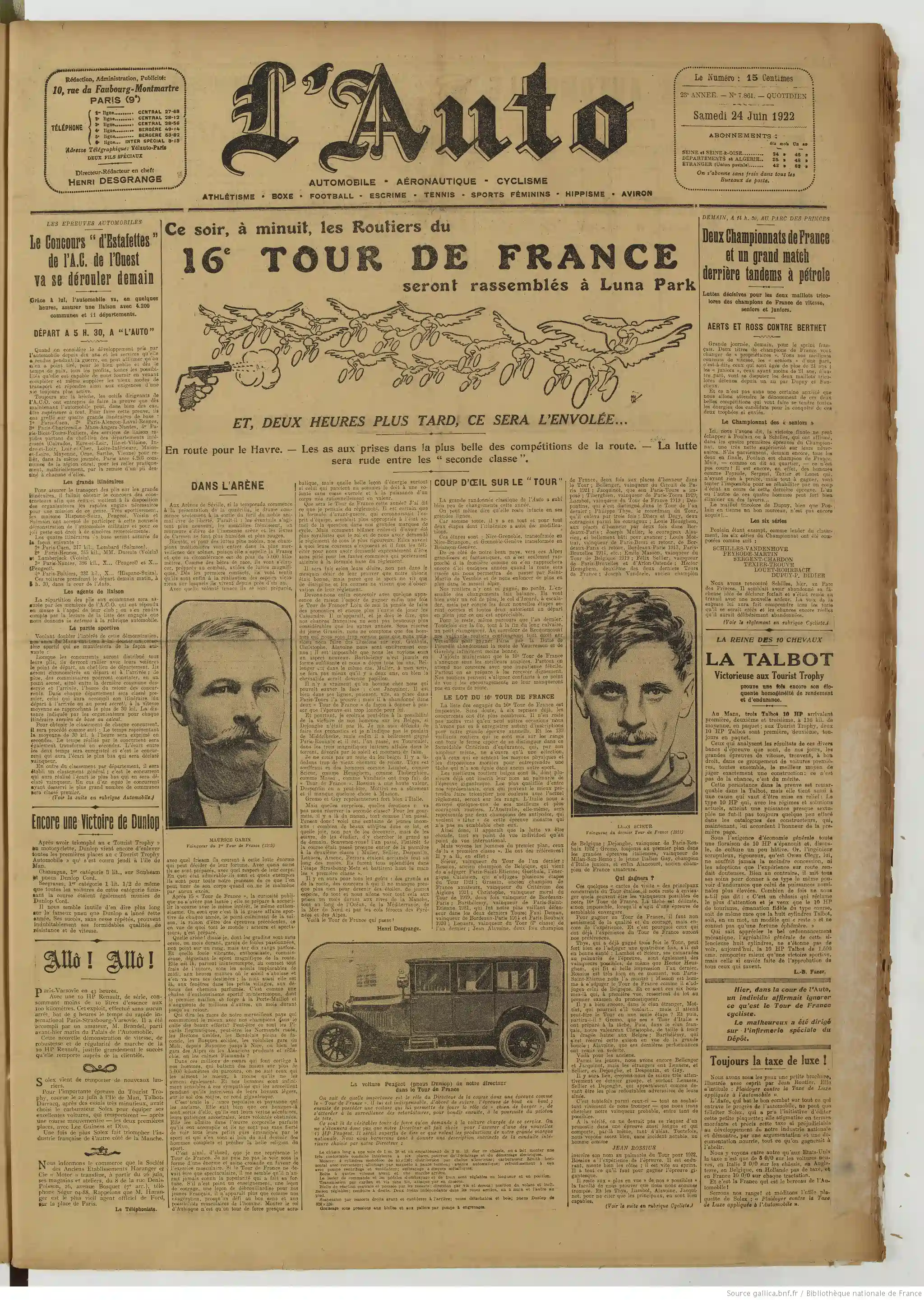 LAuto vélo édition du 24 juin 1922 Tour de France la Peugeot du Directeur la une 05